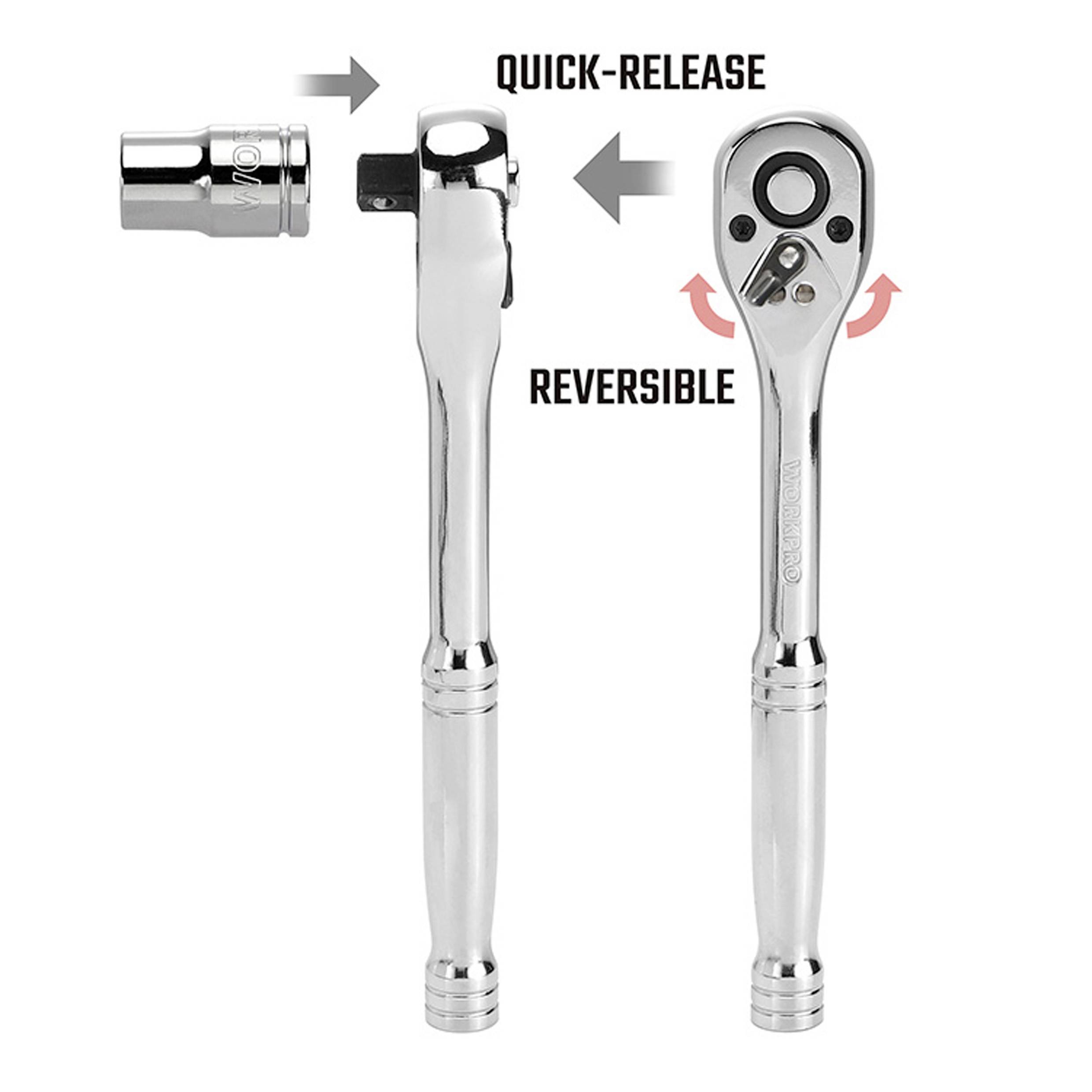Ein verchromter Ratschenschlüssel mit auswechselbarem Stecknuss. Pfeile zeigen die Funktionen zum schnellen Lösen und Umkehren des Ratschenkopfes an.