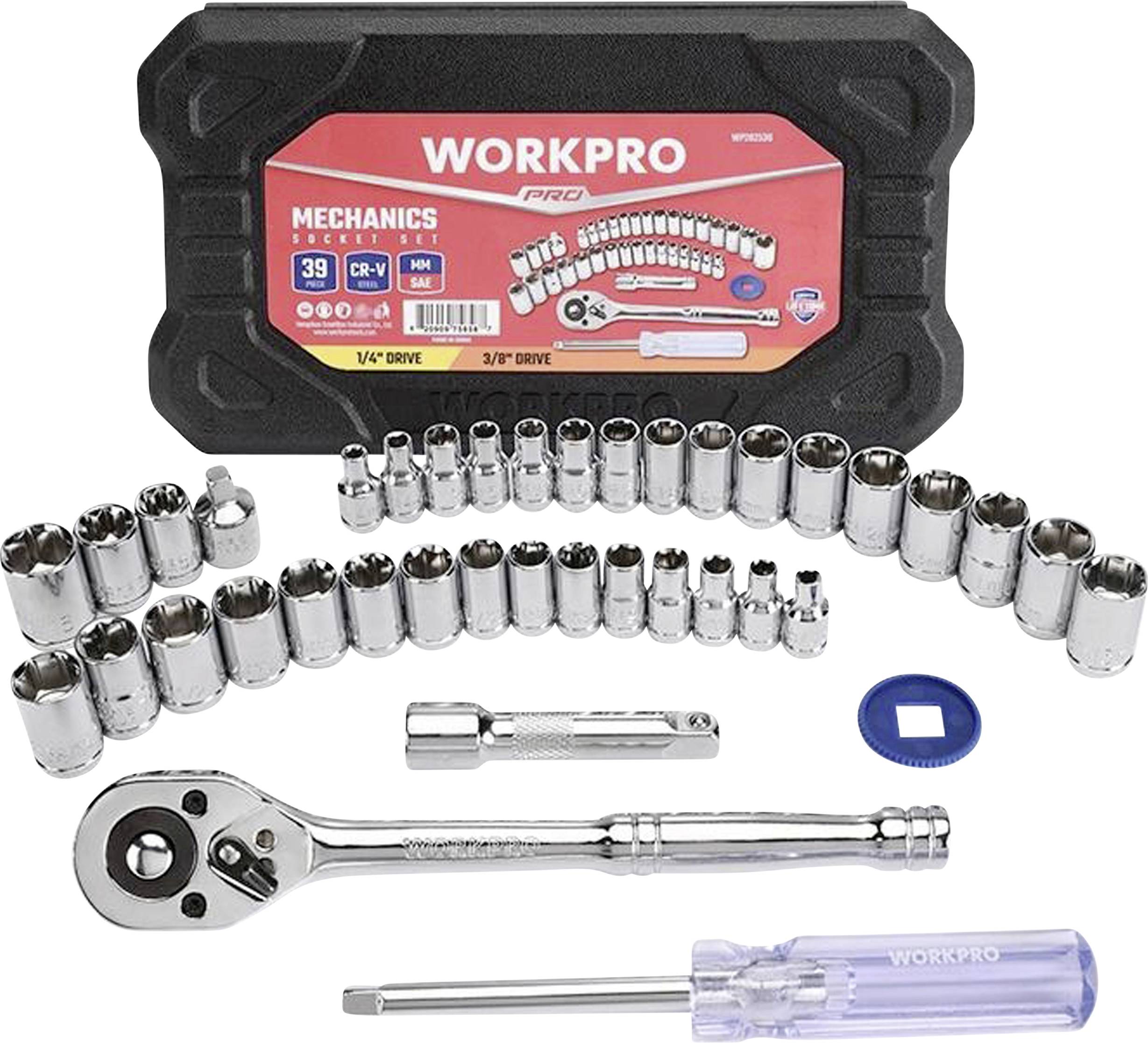 WORKPRO Mechaniker-Steckschlüsselsatz mit 39 Teilen, einschließlich verschiedener Steckschlüsselgrößen, einer Knarren, Verlängerungen und einem Schraubendrehergriff.