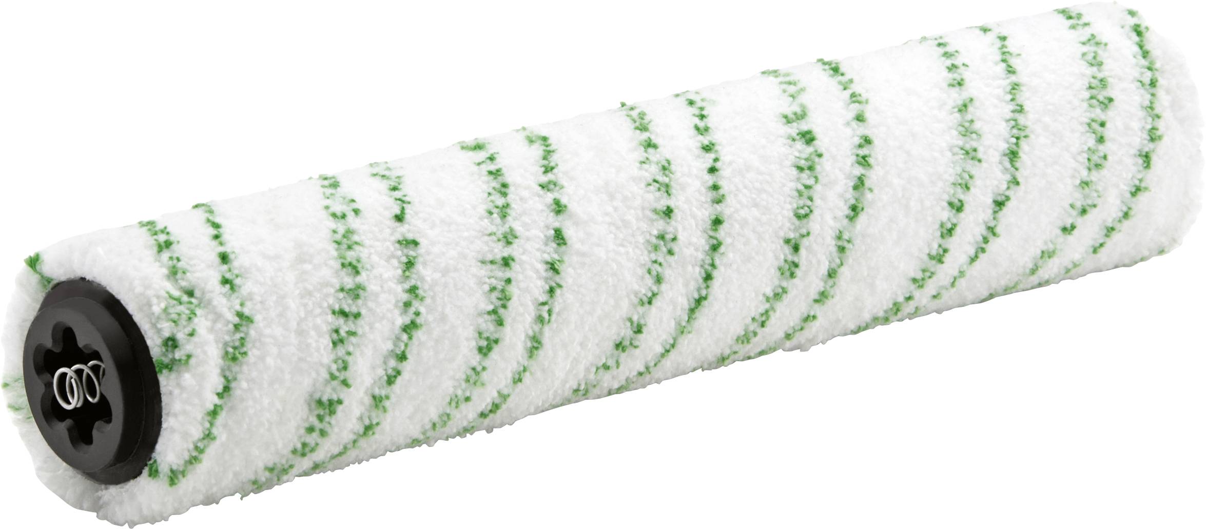 Eine weiße Farbwalze mit grünen Streifen, verwendet für das gleichmäßige Auftragen von Farbe auf Oberflächen.