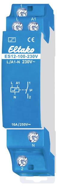 Blaues Eltako Relais ES12-100-230V, geeignet für 230V mit Schaltplan und CE-Zeichen. Oberer Teil zeigt Anschlüsse A1, A2.