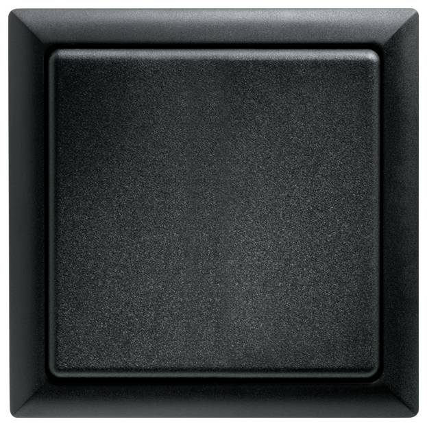 Ein quadratischer, schwarzer Lichtschalter auf weißem Hintergrund.