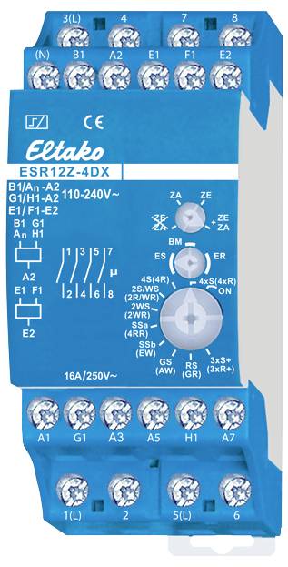 Blauer Eltako Installationsschütz ESR12Z-4DX mit mehreren Anschlussklemmen und Schaltmöglichkeiten, geeignet für 110-240V.