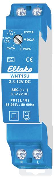 Blaues DIN-Schienen-Netzteil von Eltako, Modell WNT15U, mit Ausgangsspannung von 3,3-12V DC, 88-264V AC Eingang, 50/60Hz.