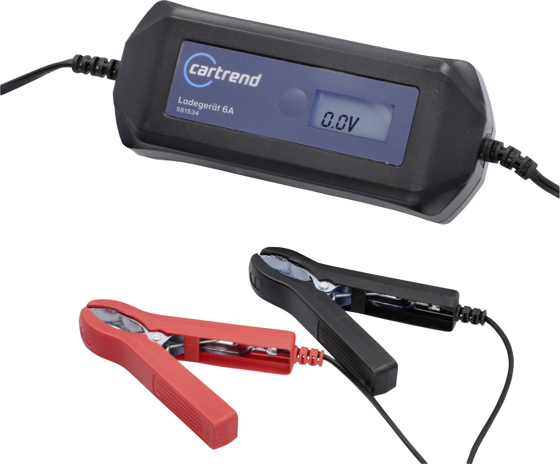 Schwarzes Ladegerät mit LCD-Anzeige und zwei Krokodilklemmen in Rot und Schwarz. Anzeige zeigt '0.0V'.