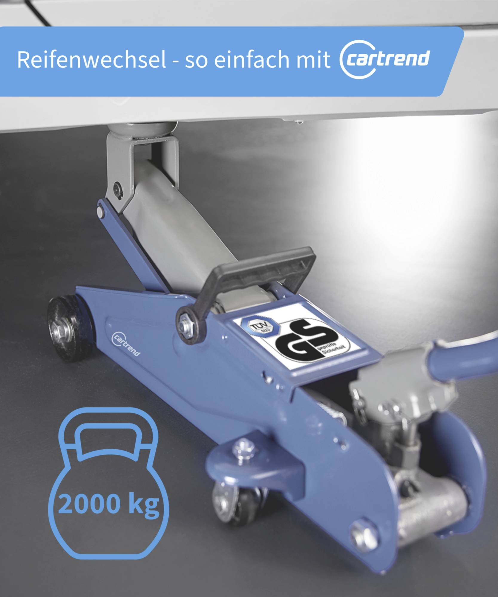 Eine blaue Wagenheber mit der Aufschrift '2000 kg', der ein Fahrzeug anhebt. Oben steht 'Reifenwechsel - so einfach mit cartrend'.