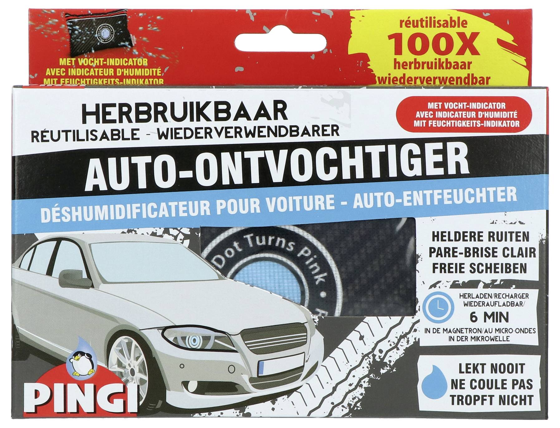 Auto-Entfeuchter-Verpackung mit Grafik eines Autos. Text informiert über Wiederverwendbarkeit und Feuchtigkeitsanzeige. Markenname 'PINGI'.