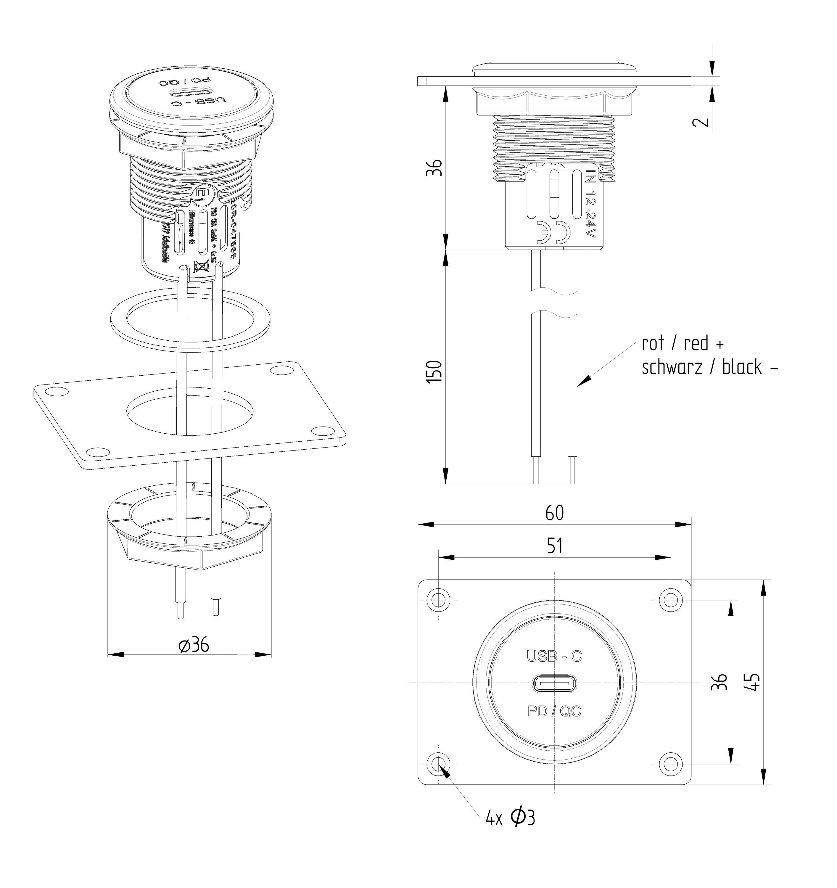 ProCar Power USB-C Einbausteckd. PD/QC 60W + Montagepl. ohne LED 12 V, 24V