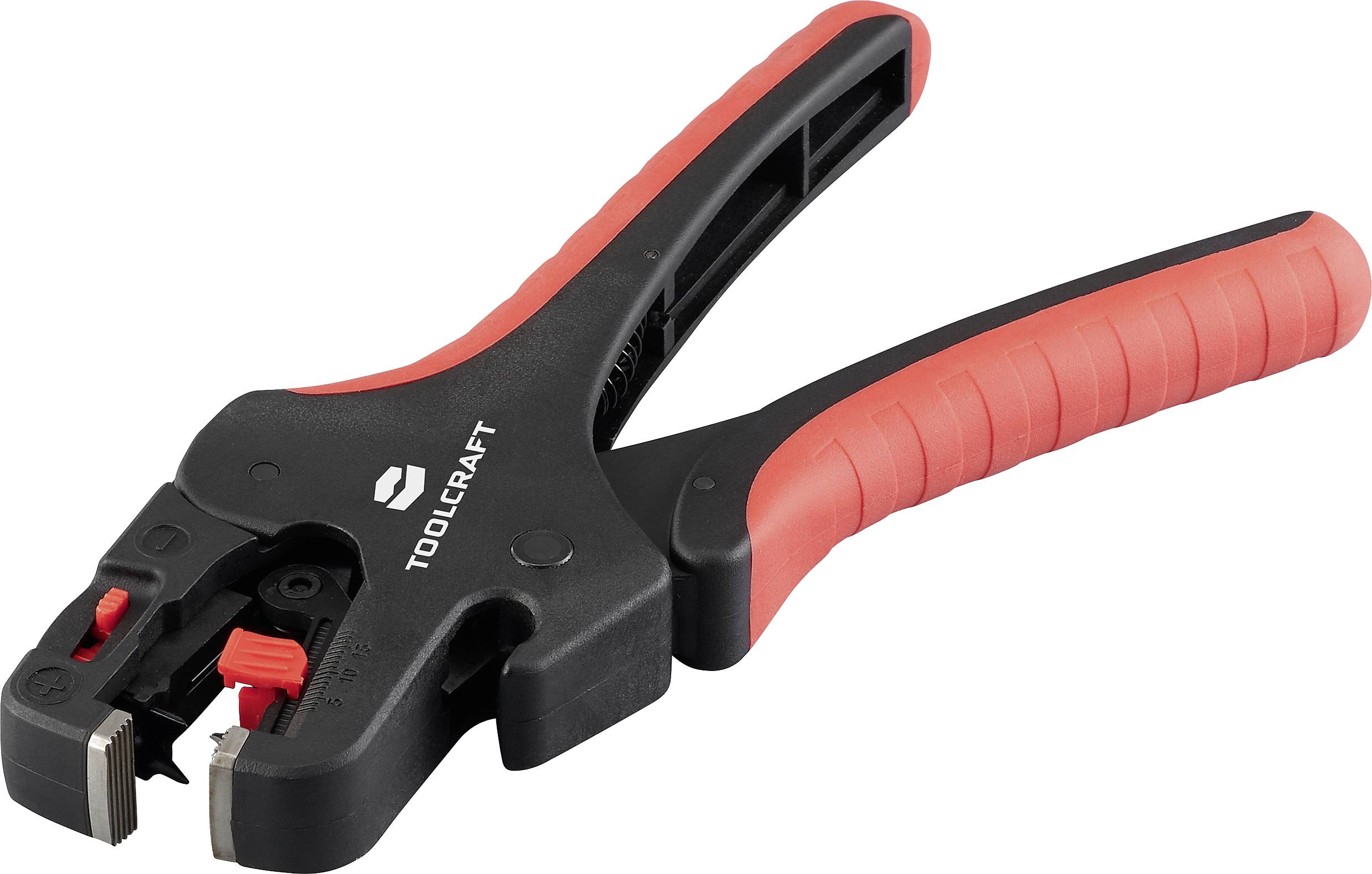Ein tragbares Abisolierungswerkzeug mit schwarzen Griffen und roten Akzenten, das zum Entfernen der Isolierung von elektrischen Leitungen verwendet wird.