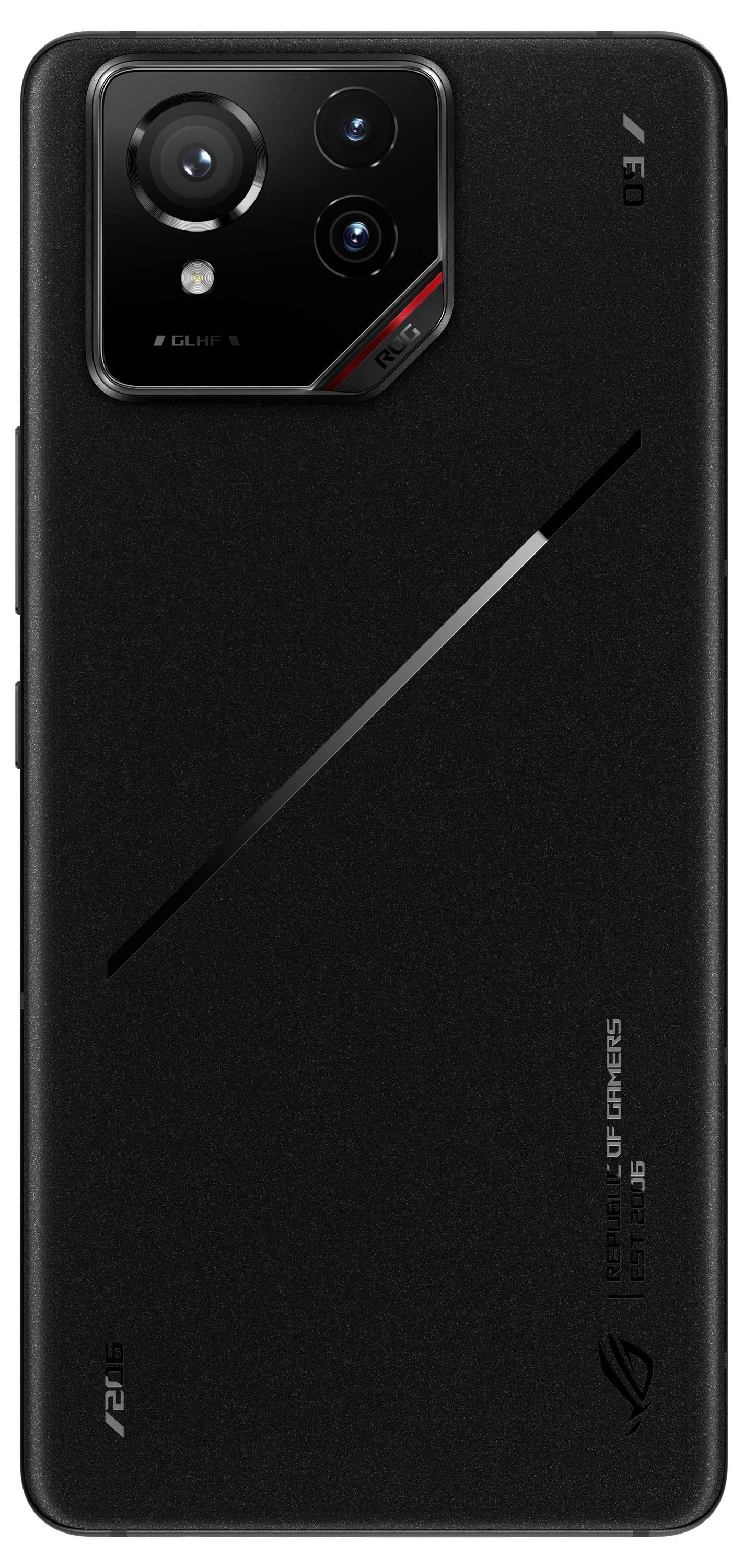 Schwarzes Smartphone mit drei Kameralinsen und einem Blitzlicht auf der Rückseite. Minimalistisches, modernes Design.