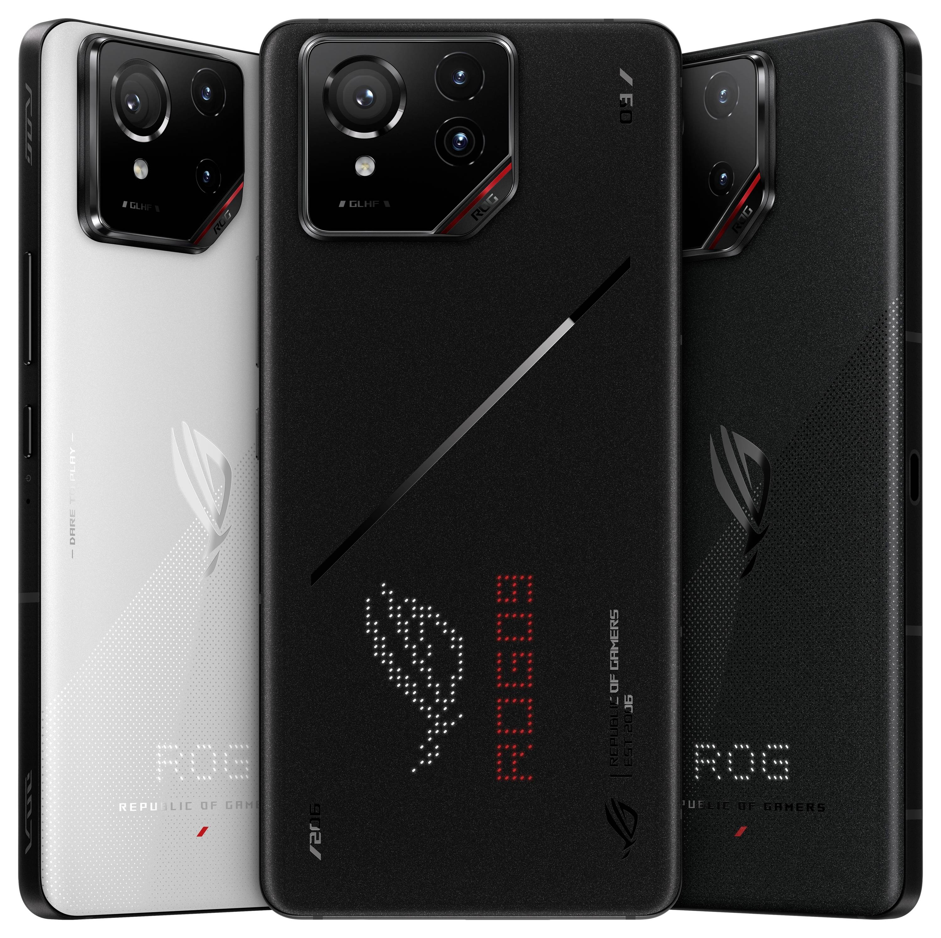 Drei Gaming-Smartphones in Schwarz und Weiß. Rückseite zeigt das Logo 'ROG' und Kamera-Module. Design betont Technologie-Stil.
