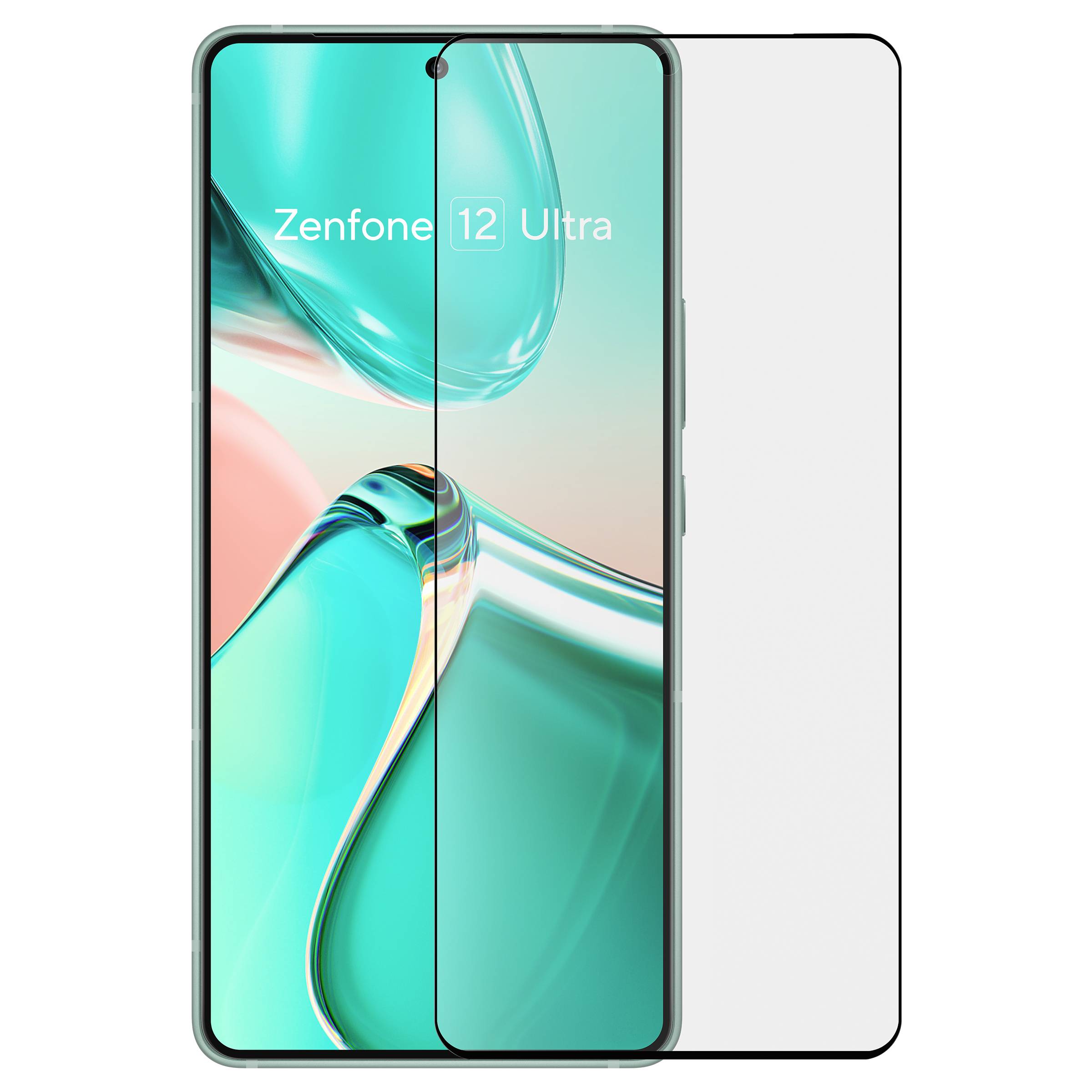 Smartphone mit Frontansicht, transparentem Displayschutz; zeigt minimalistische, abstrakte Hintergrundgrafik in türkis und orange.