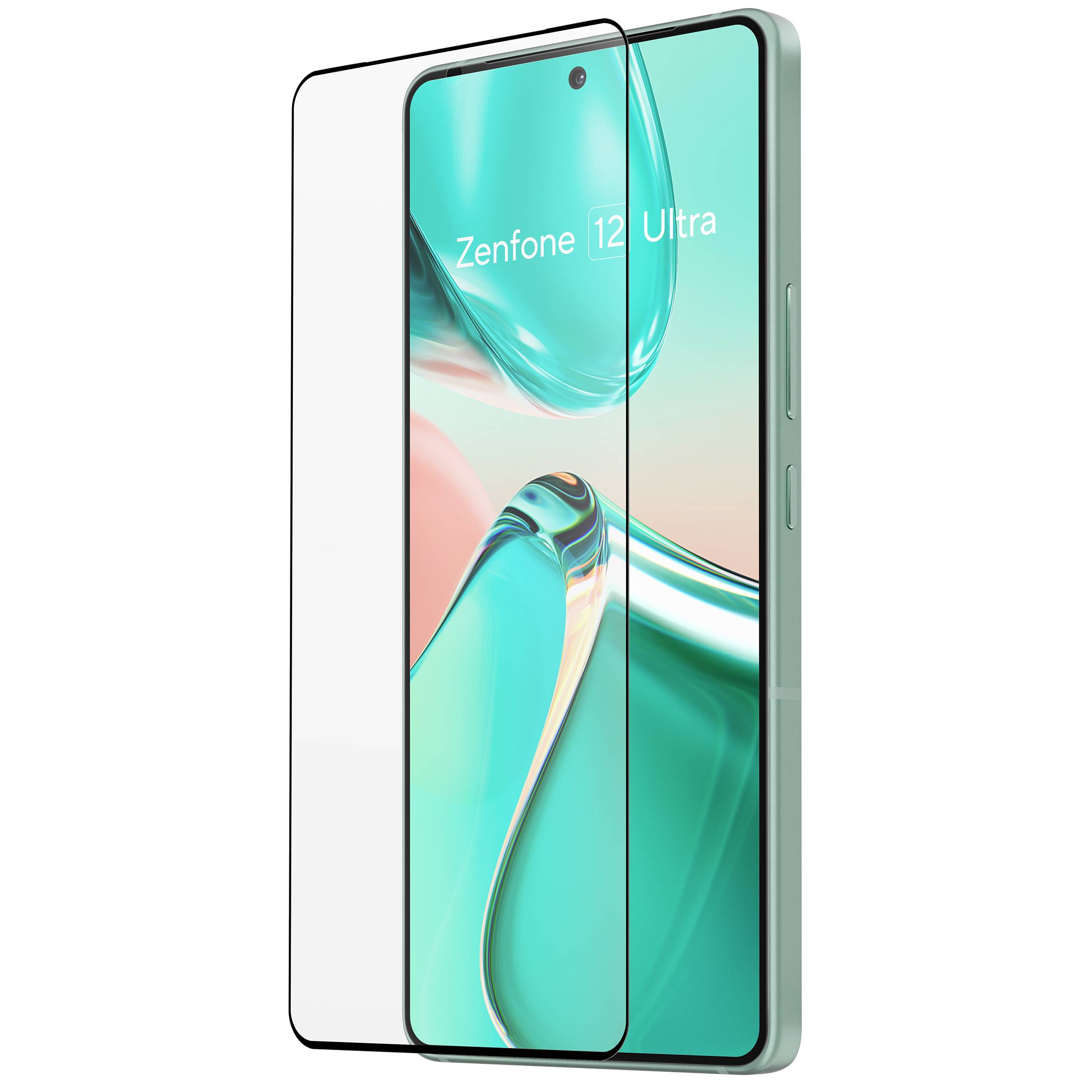 Smartphone mit abgerundeten Kanten und großem Display; zeigt die Aufschrift 'Zenfone 12 Ultra'. Rückseite und Kamera nicht sichtbar.