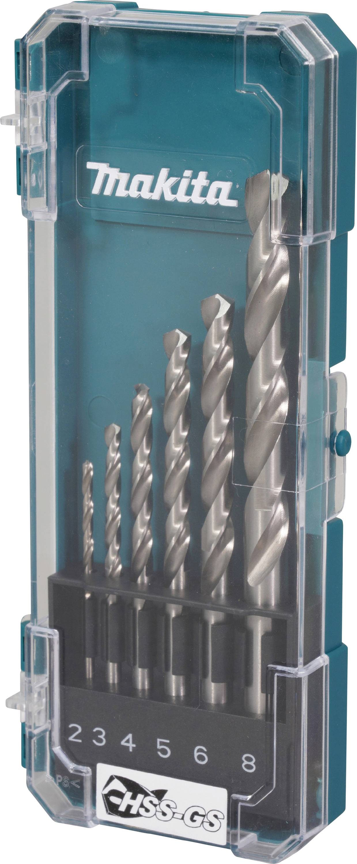 Makita HSS-G Bohrer-Set in transparentem Etui, bestehend aus fünf Bohrern in unterschiedlichen Größen für Metallarbeiten.