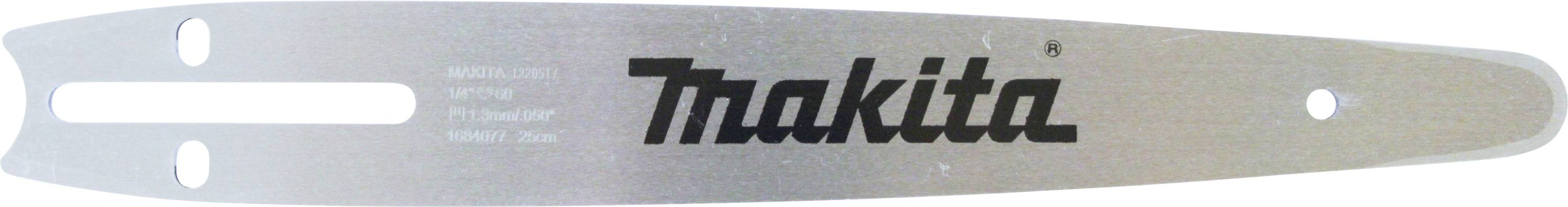 Sägeschiene mit dem Markennamen 'Makita', rechteckige und runde Öffnung, aus Metall, silberfarben.