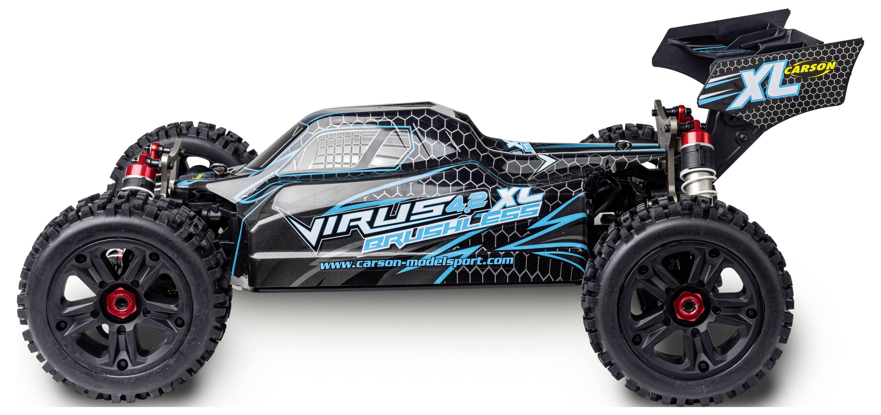 Carson Modellsport Virus 4.2 XL Schwarz, Türkis 1:8 RC Modellauto Elektro Buggy 100% RtR 2,4GHz inkl. Akku, Ladegerät und