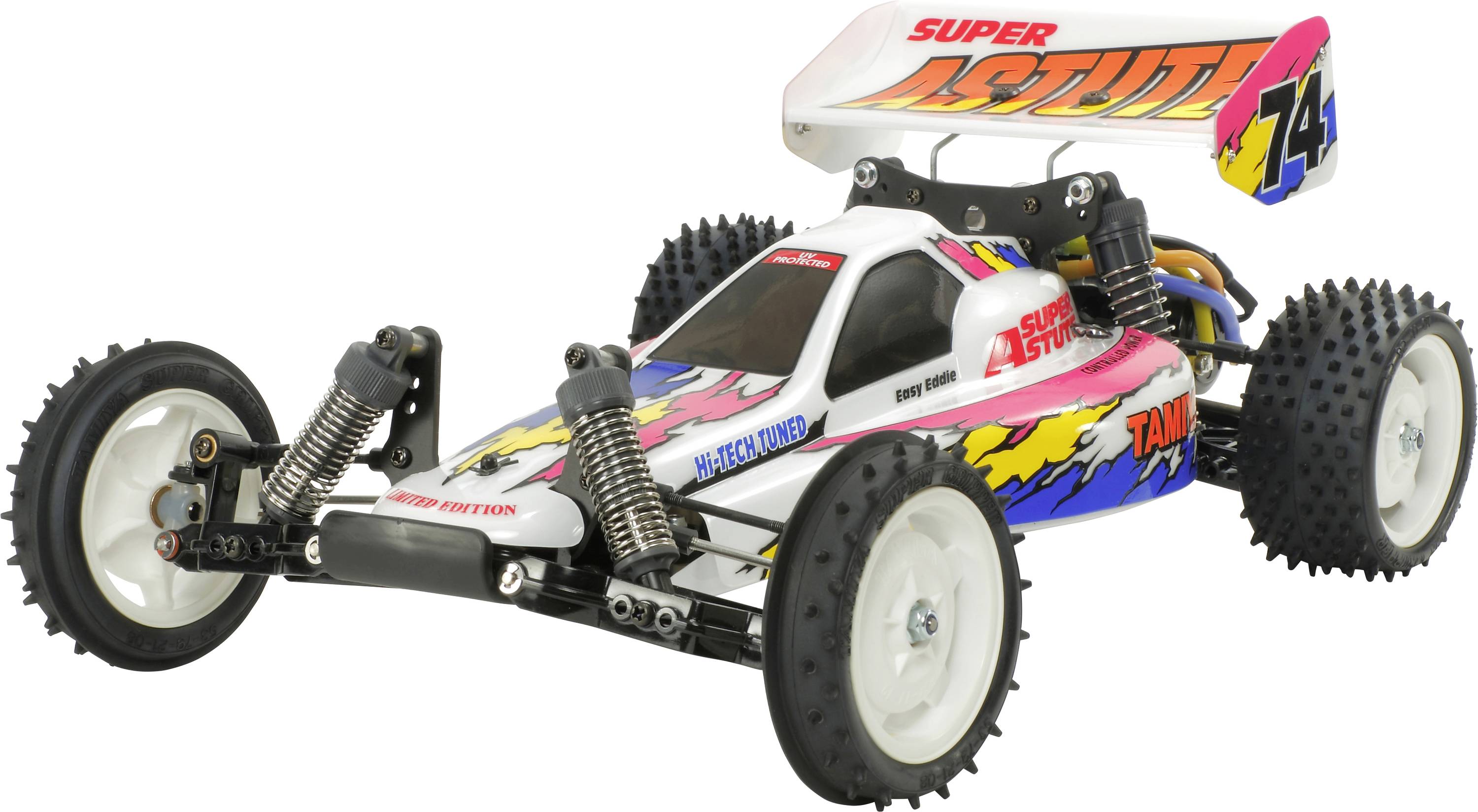 Ein ferngesteuertes Modellauto mit Stoßdämpfern, auffälliger Lackierung und großen Reifen. Das Auto ist ein Offroad-Buggy.
