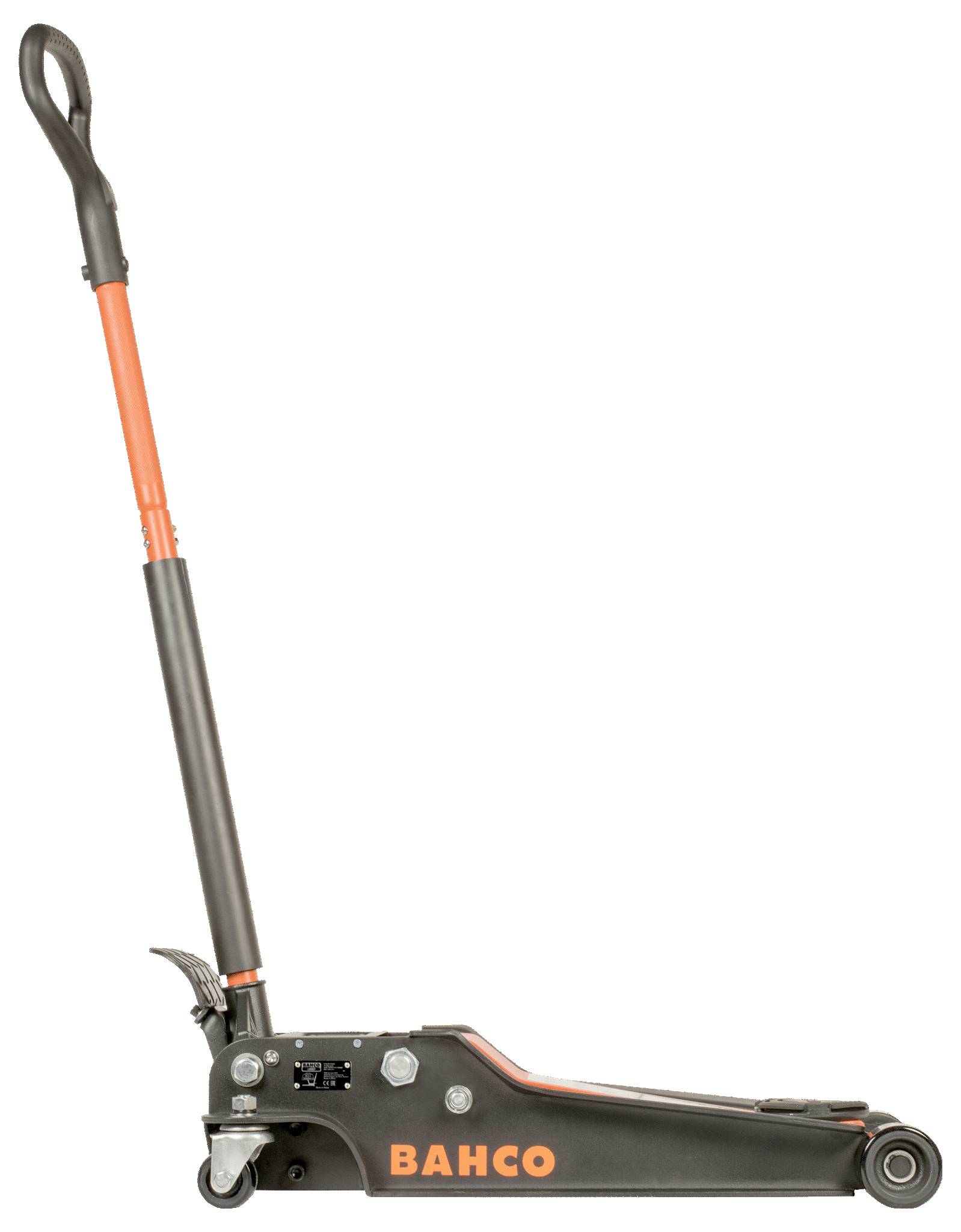 Bahco Wagenheber aus Metall mit orangefarbenem Griff, seitlicher Ansicht.