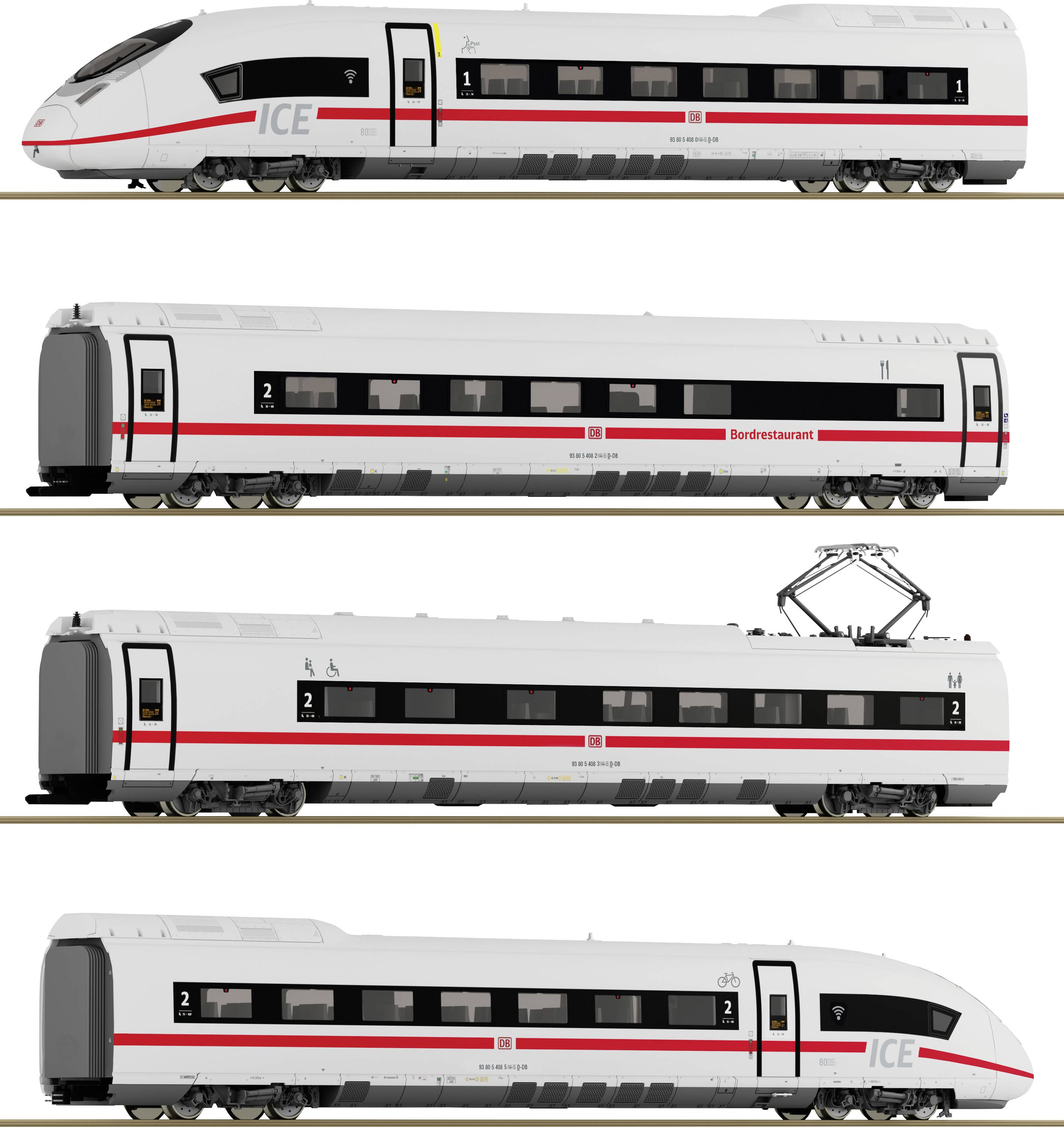 Ein ICE-Zug mit vier Waggons: ein Triebwagen, ein Bordrestaurant, ein Personenwagen mit Stromabnehmer und ein Endwagen.
