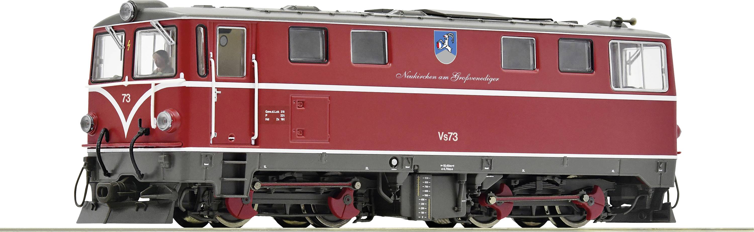 Rote Modelleisenbahn mit dunklen Fenstern und Details. Ein Wappen ist an der Seite sichtbar. Text: 'Modellbahn im Originalstil'.