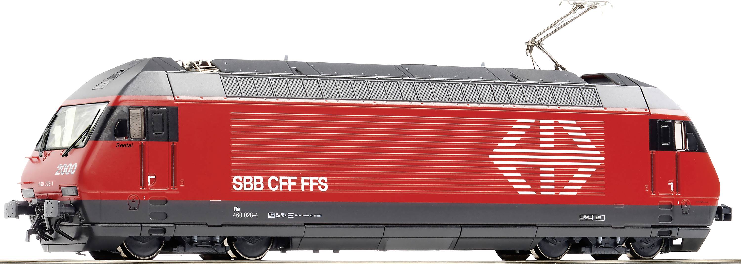 Rote Lokomotive der SBB CFF FFS, seitliche Ansicht, mit Oberleitung.