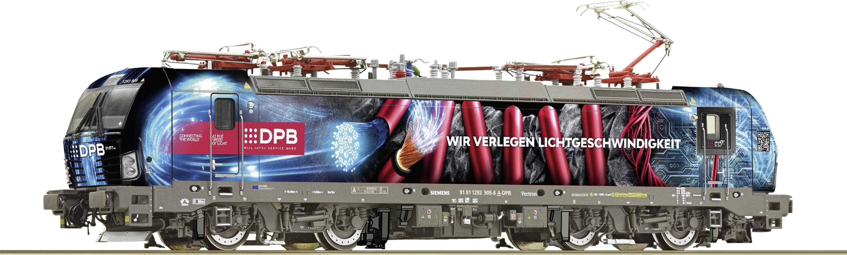 Ein Zug mit auffälliger Folierung zeigt Glasfaserkabel und den Text 'Wir verlegen Lichtgeschwindigkeit.'