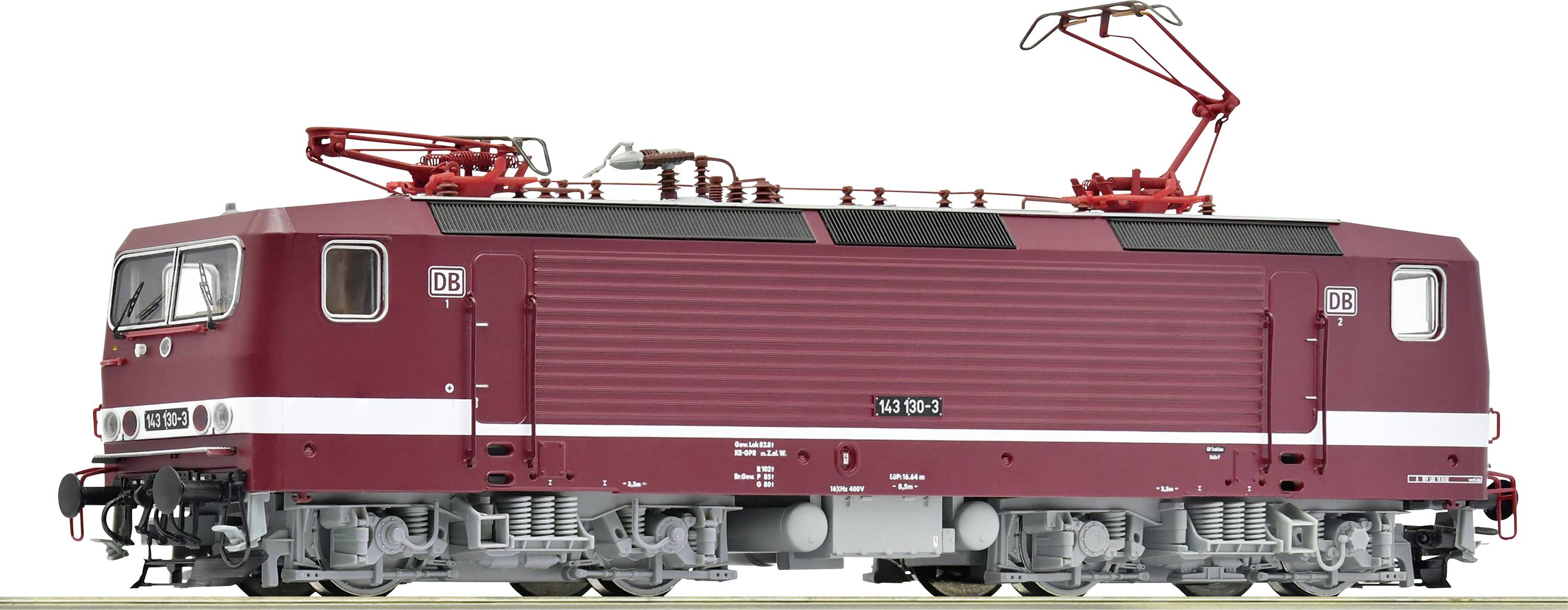 Eine rote elektrische Lokomotive mit der Aufschrift 'DB' steht auf einem Gleis. Sie hat eine horizontale weiße Linie an der Seite und rote Stromabnehmer.