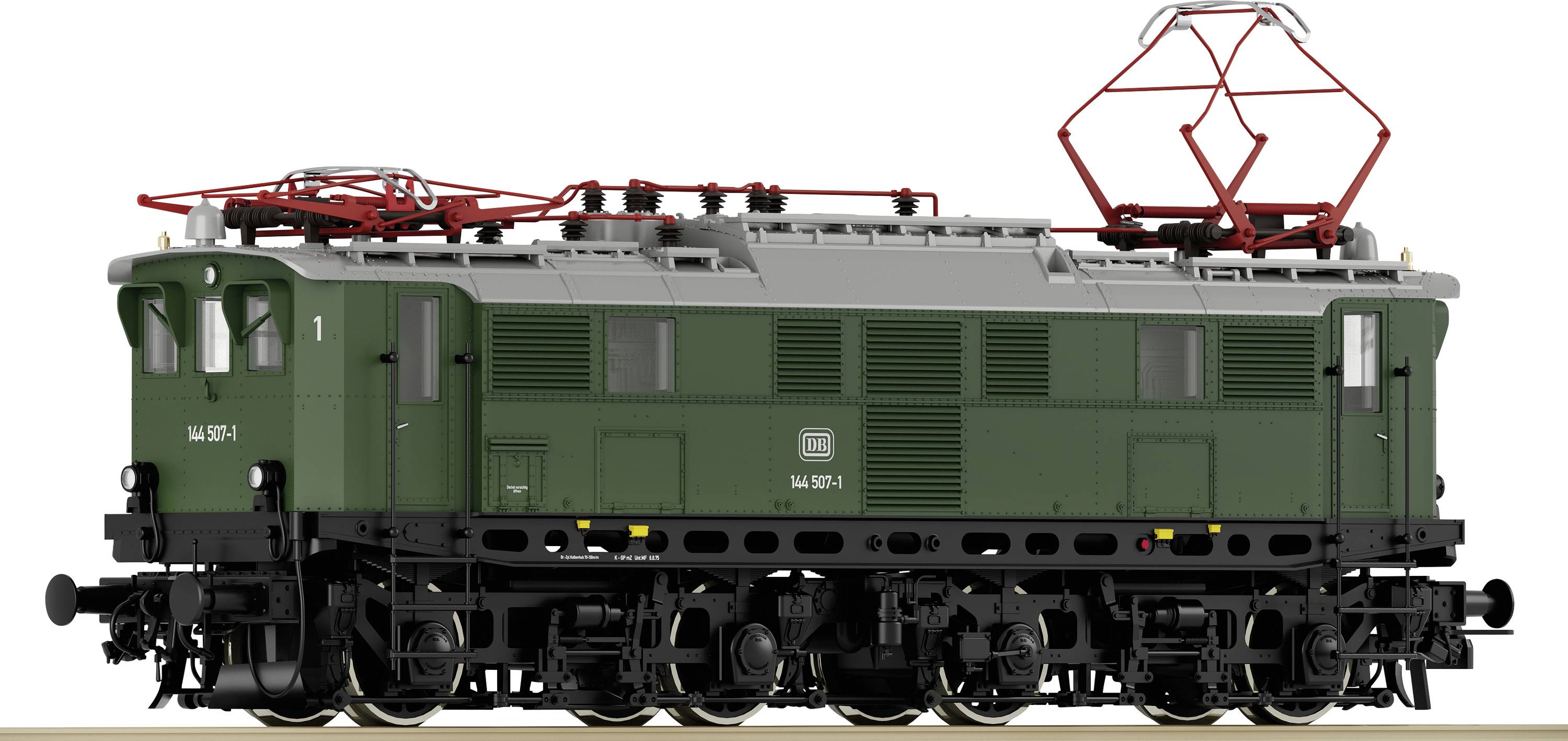 Das Bild zeigt eine grüne Lokomotive der Deutschen Reichsbahn mit roten Stromabnehmern auf einem Gleis. Modellnummer ist sichtbar.