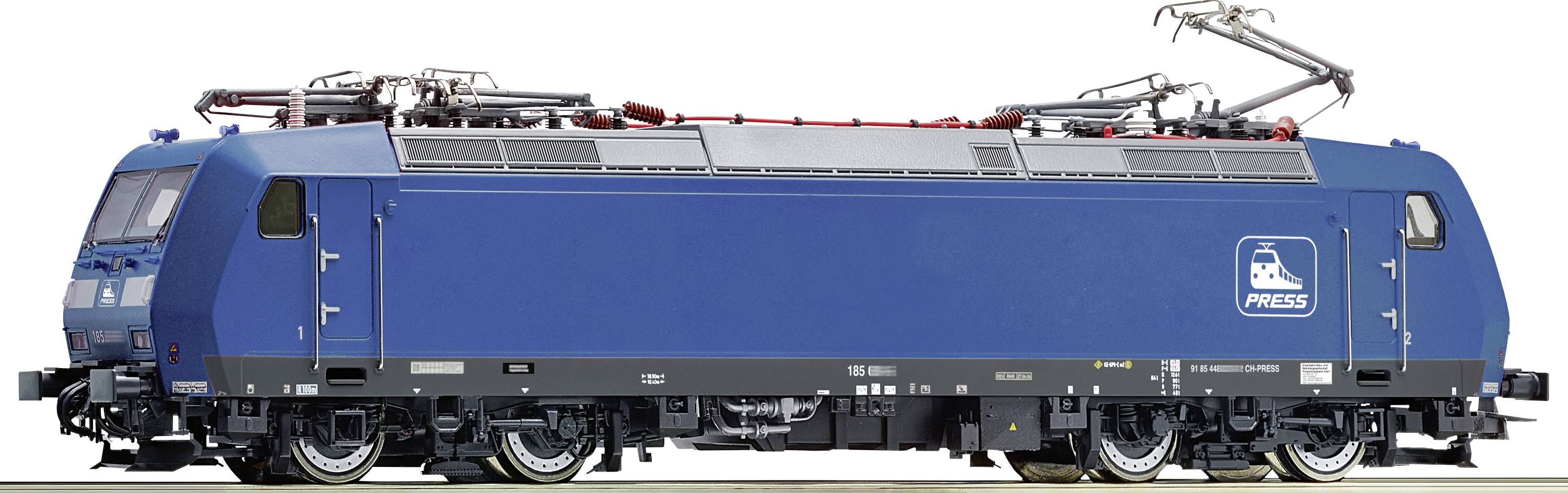 Eine blaue Elektrolokomotive mit der Aufschrift 'PRESS' an der Seite. Sie ist modern gestaltet, mit sichtbaren mechanischen Details oben.