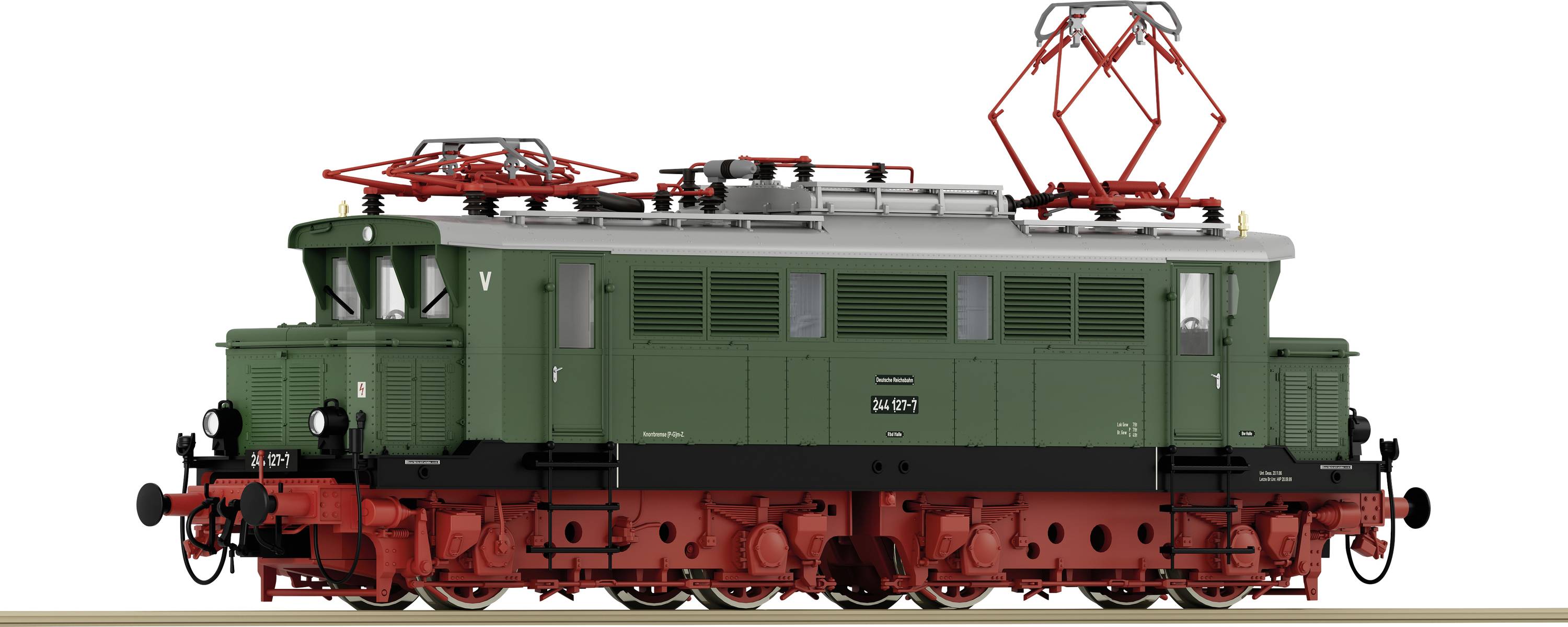 Eine grüne Elektrolokomotive der Serie E71, modellhaft auf einem Schienenstück dargestellt, mit roten Akzenten und Pantograf.
