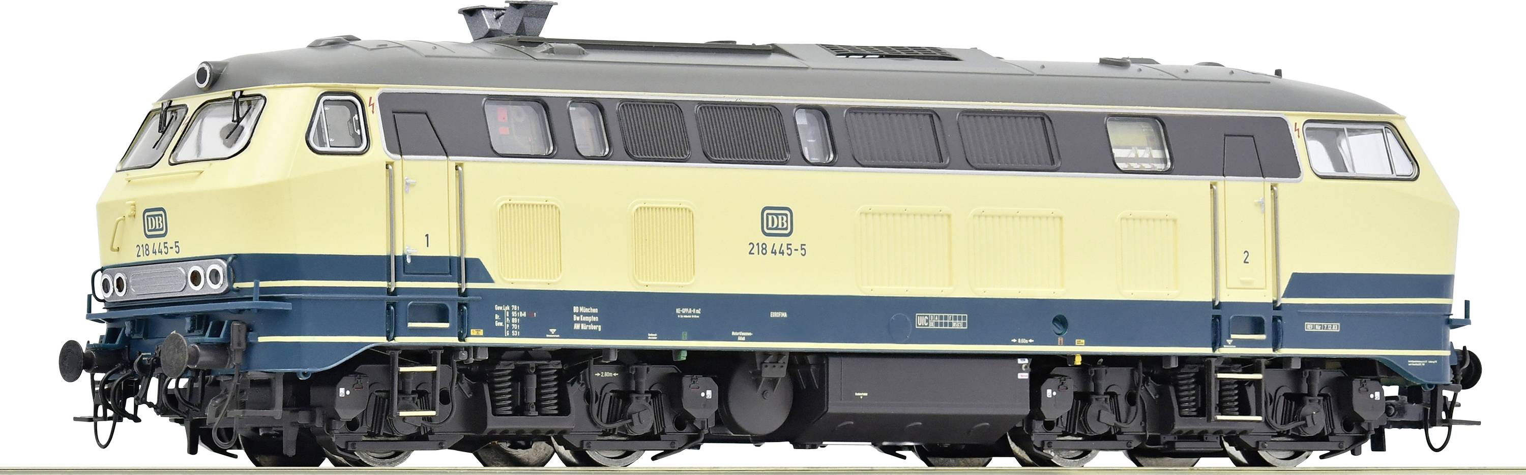 Dies ist ein Modell einer gelben und blauen Diesellokomotive der Baureihe 218 mit der Nummer 218 448-9 von DB. Sie hat zwei Drehgestelle.