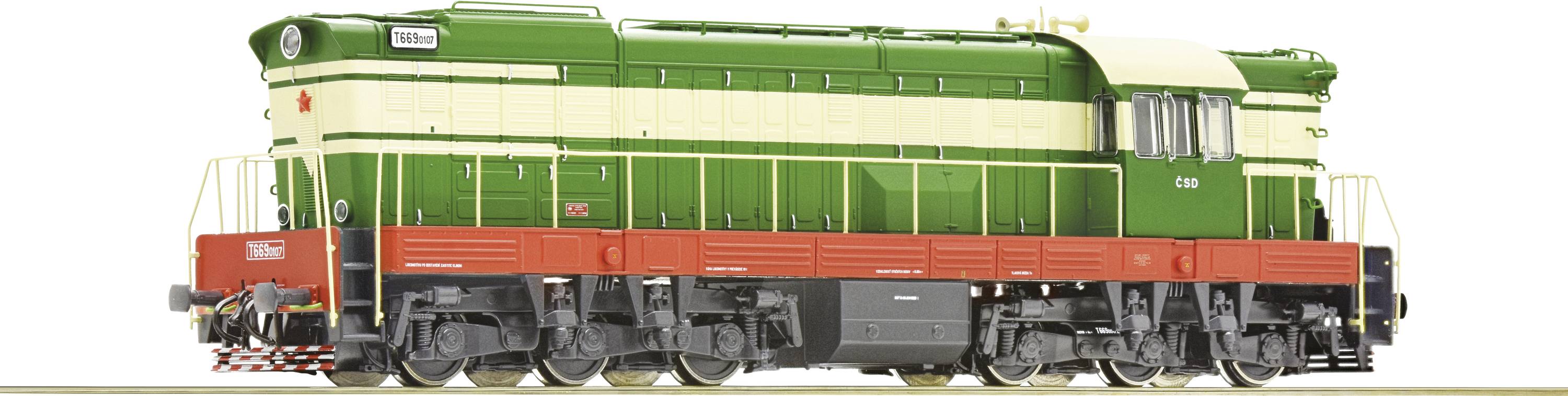 Grüne Lokomotive mit cremefarbenem Streifen, rote Basis, mehrere schwarze Räder.