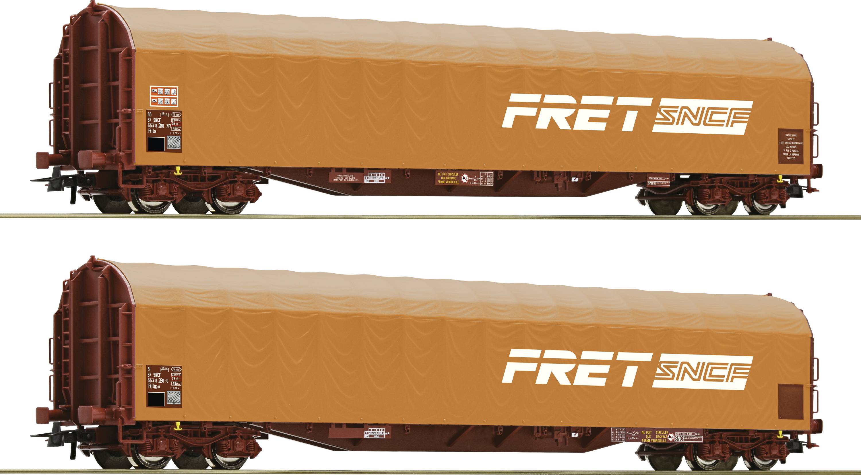 Zwei Güterwagen mit Planenaufbau in orange mit dem weißen Logo 'FRET SNCF' an der Seite, auf Bahngleisen stehend.