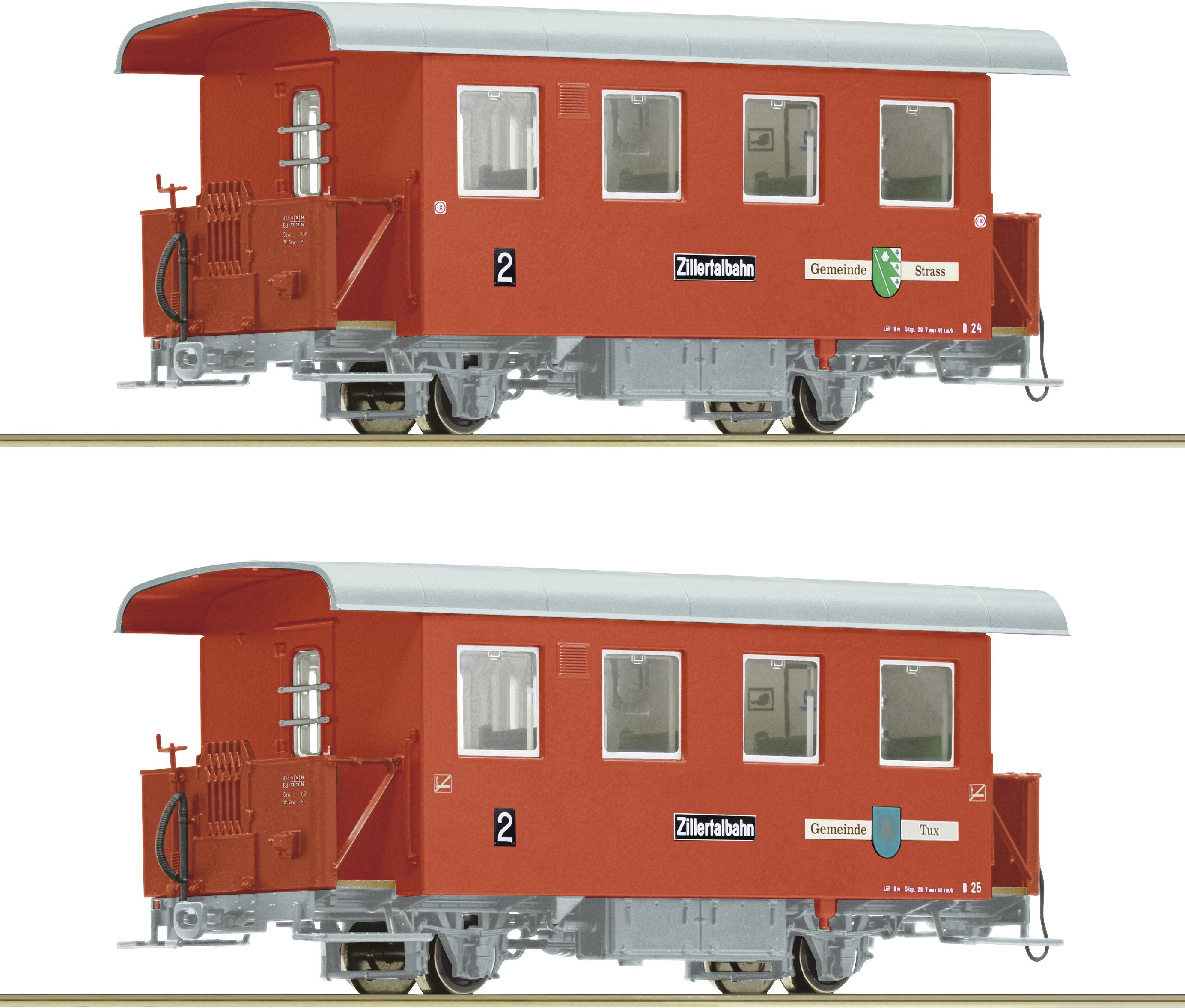 Ein roter Eisenbahnwaggon mit der Aufschrift 'Zillertalbahn'. Er hat Fenster, Türen und weiße Schrift. Oben und unten sind ähnlich.