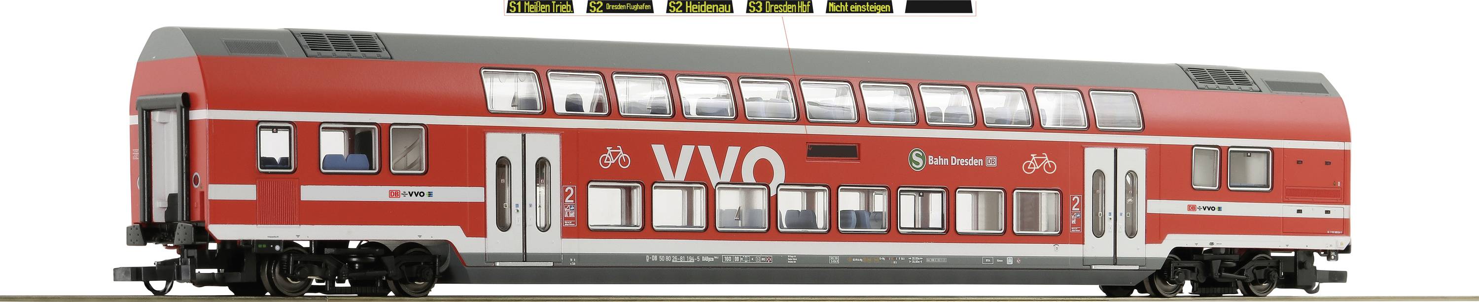 Rotes doppelstöckiges Zugmodell mit 'VVO'-Logo und DB-Zeichen, zeigt Fensterreihen, Türen und ein zweistöckiges Design.