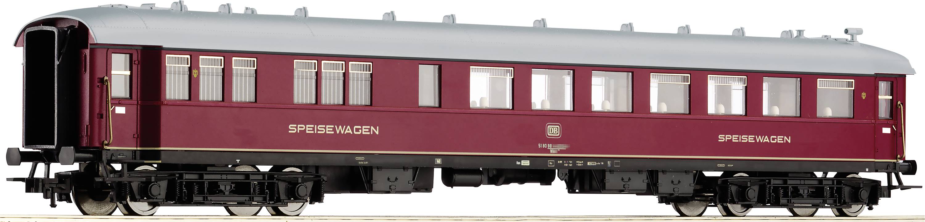 Roter Speisewagen im Retro-Stil auf Gleisen, seitliche Ansicht. Der Wagen hat viele Fenster und ist aufwendig gestaltet.
