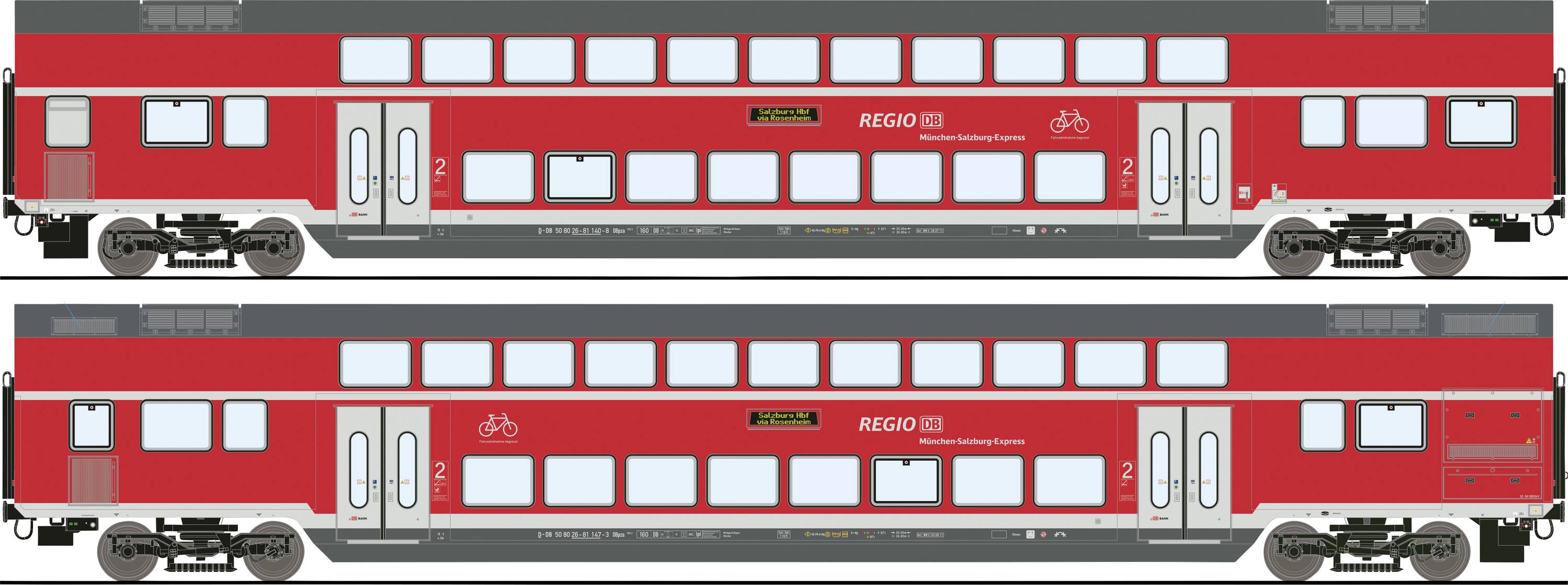 Ein roter Doppelstockzug der Deutschen Bahn, seitliche Ansicht. Oben ist das Fahrrad-Symbol erkennbar. Zug gehört zur Regionalbahn.