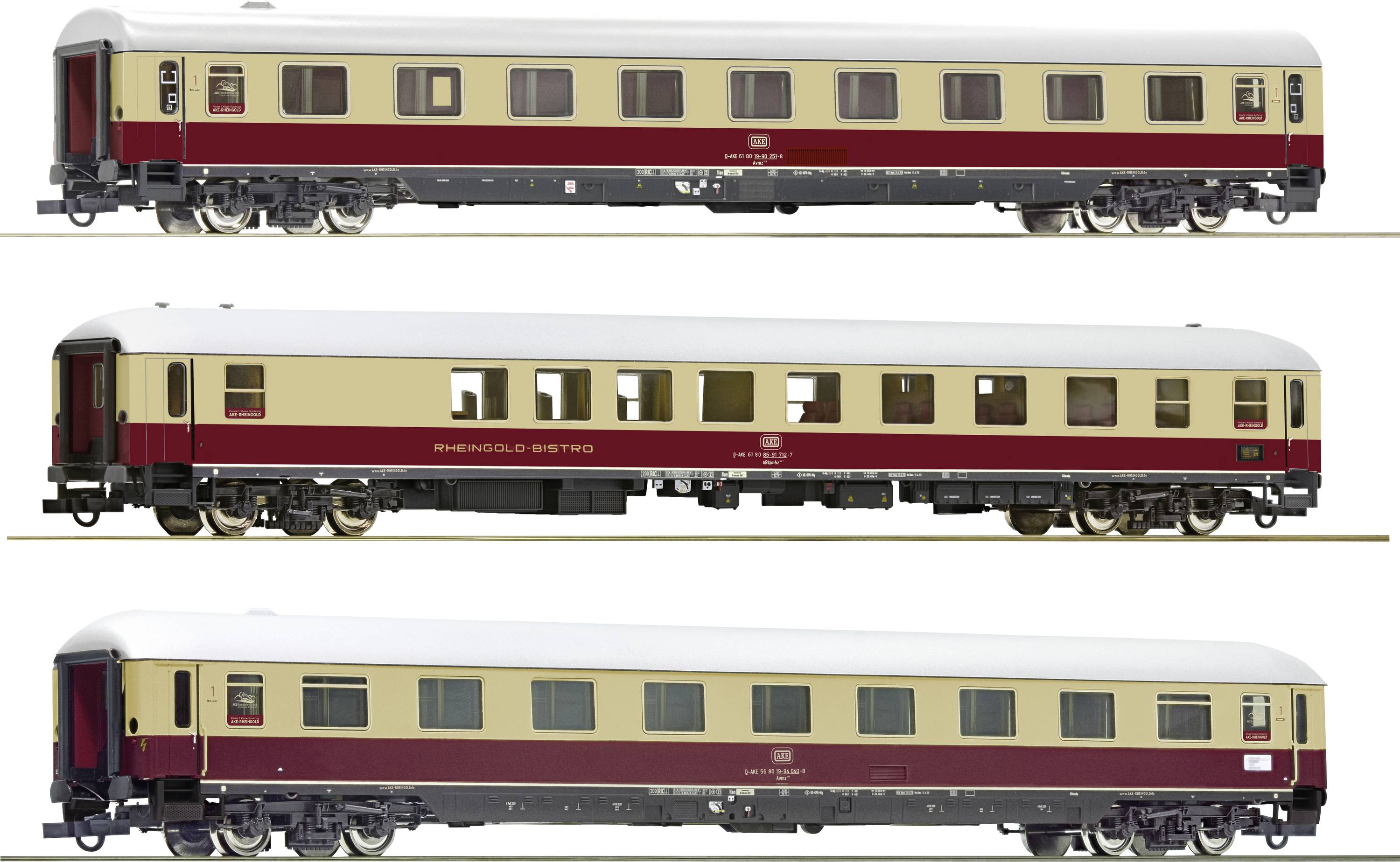 Roco 6200122 H0 3er-Set 3 „Rheingold“ der AKE-Eisenbahntouristik 1. Klasse Abteilwagen, Bistrowagen, 1. Klasse Abteilwagen