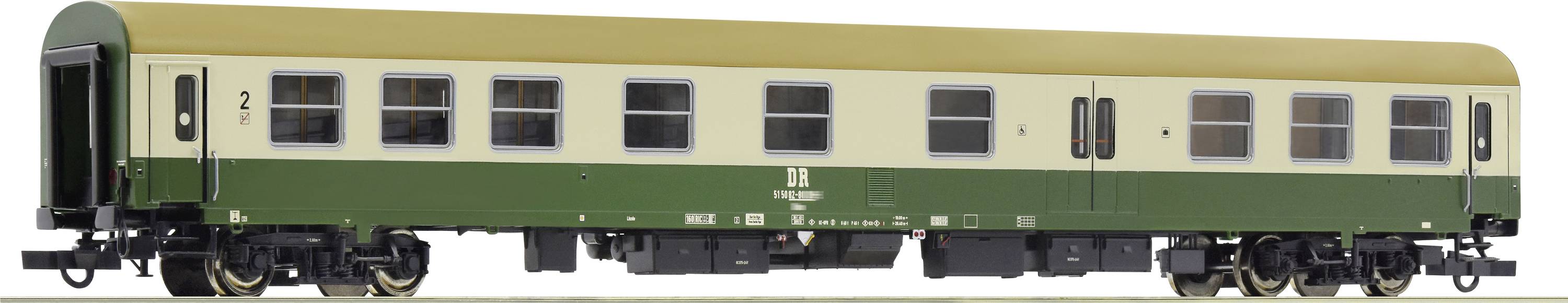 Ein Modell eines grünen und beigen Eisenbahnwagens der Deutschen Bahn, mit der Aufschrift 'DB' und der Nummer '2' unterhalb der Fenster.