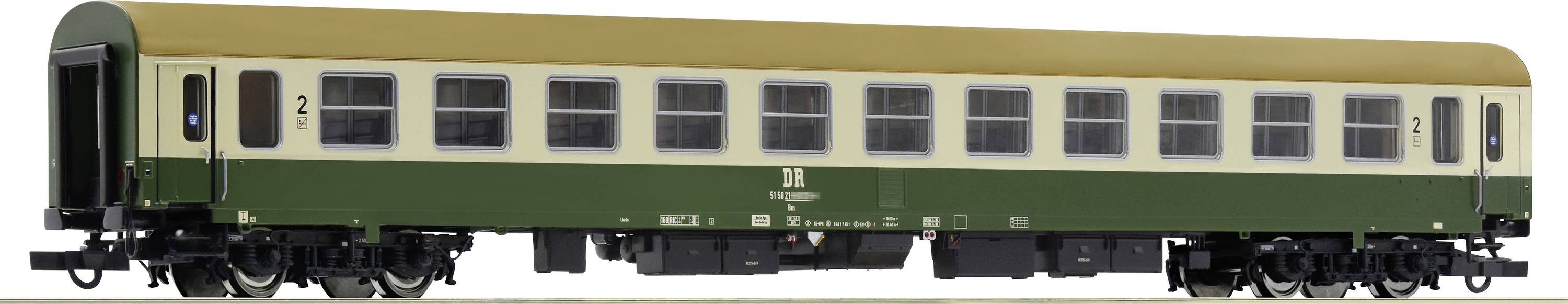 Grüner und gelber Eisenbahnwaggon der Deutschen Bahn, Modell DB mit der Nummer 2, parkend auf Schienen.