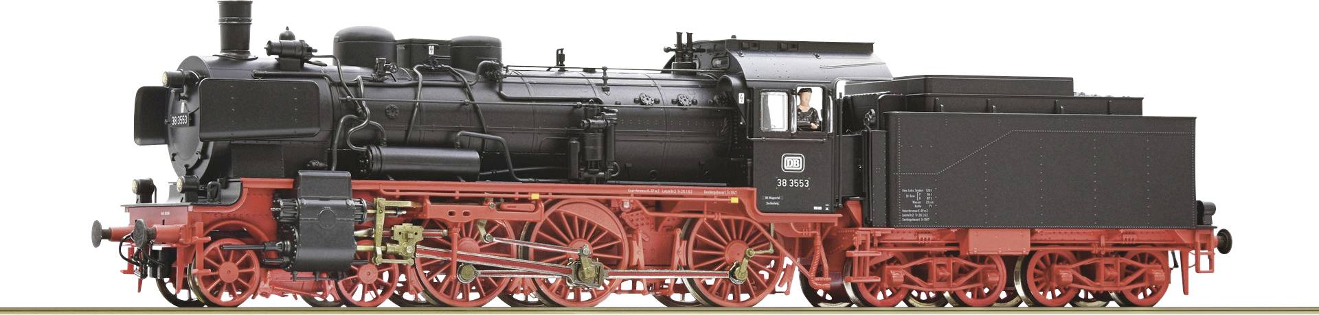 Altes schwarzes und rotes Modell einer Dampflokomotive aus seitlicher Ansicht auf einem Gleis, zeigt historische Details der Technik.