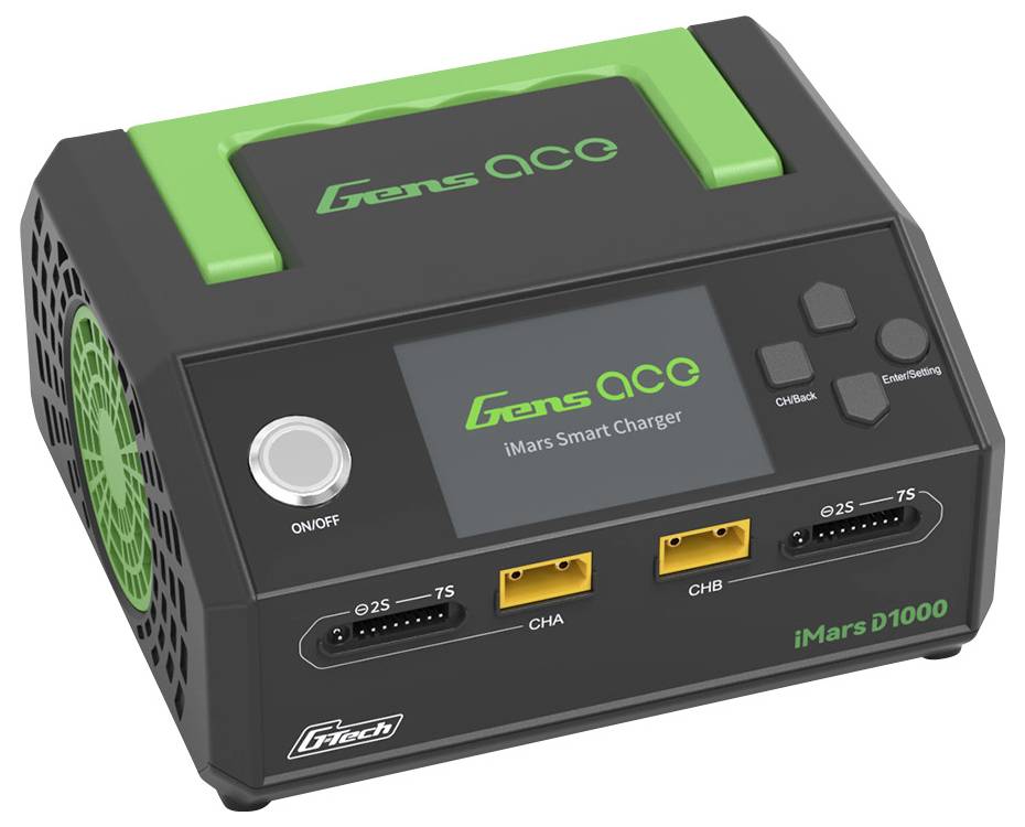 Ein schwarzes Ladegerät mit grünem Griff, Bildschirm und mehreren Anschlüssen auf der Vorderseite. Text: 'Gens ace iMars Smart Charger'.