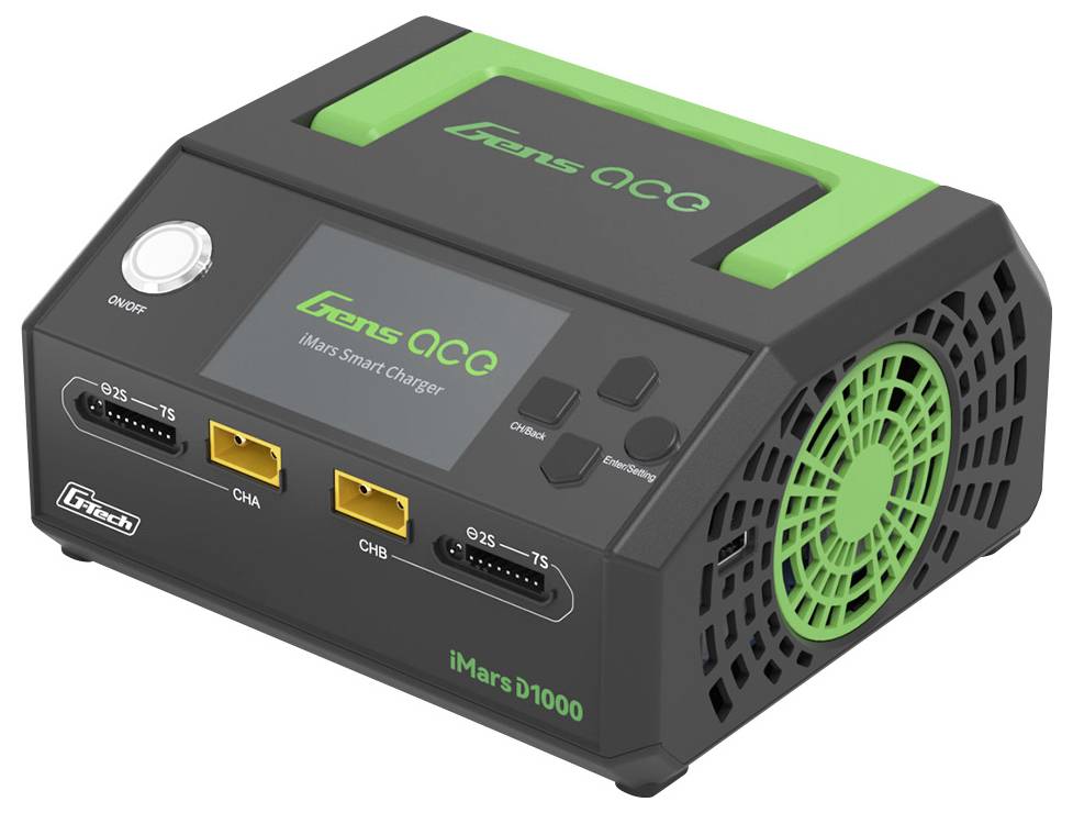 Ladegerät mit einem Bildschirm und zwei Ladeanschlüssen, Modell 'iMars D1000'. Geeignet zum Laden von Batterien.