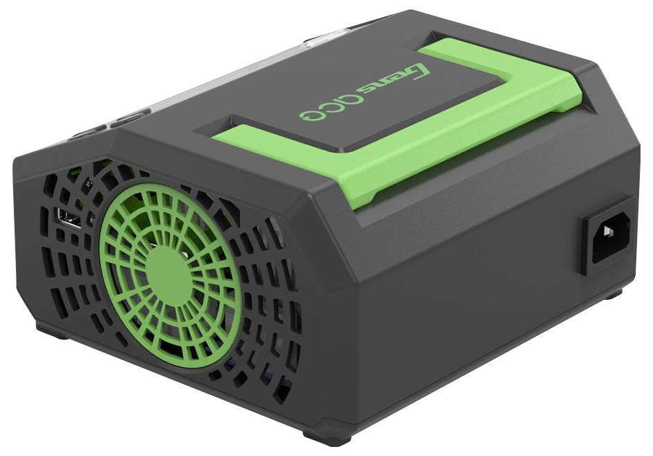 Ein tragbarer schwarzer Luftkompressor mit grünem Griff und Lüfter an der Seite, geeignet für den mobilen Einsatz.