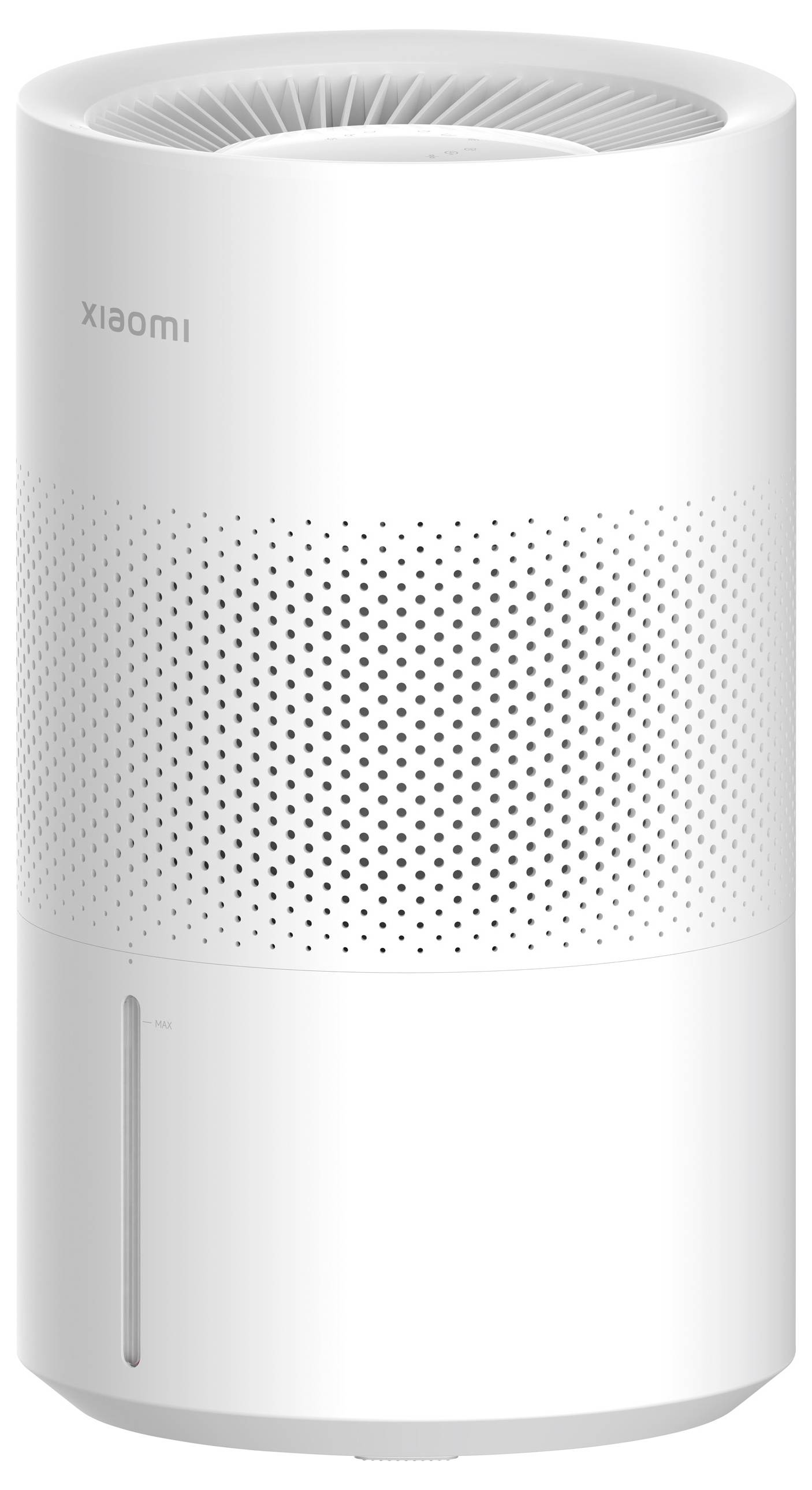 Weißer, zylindrischer Luftreiniger mit Lüftungsschlitzen und schlichter Gestaltung, stehend auf einer Fläche.