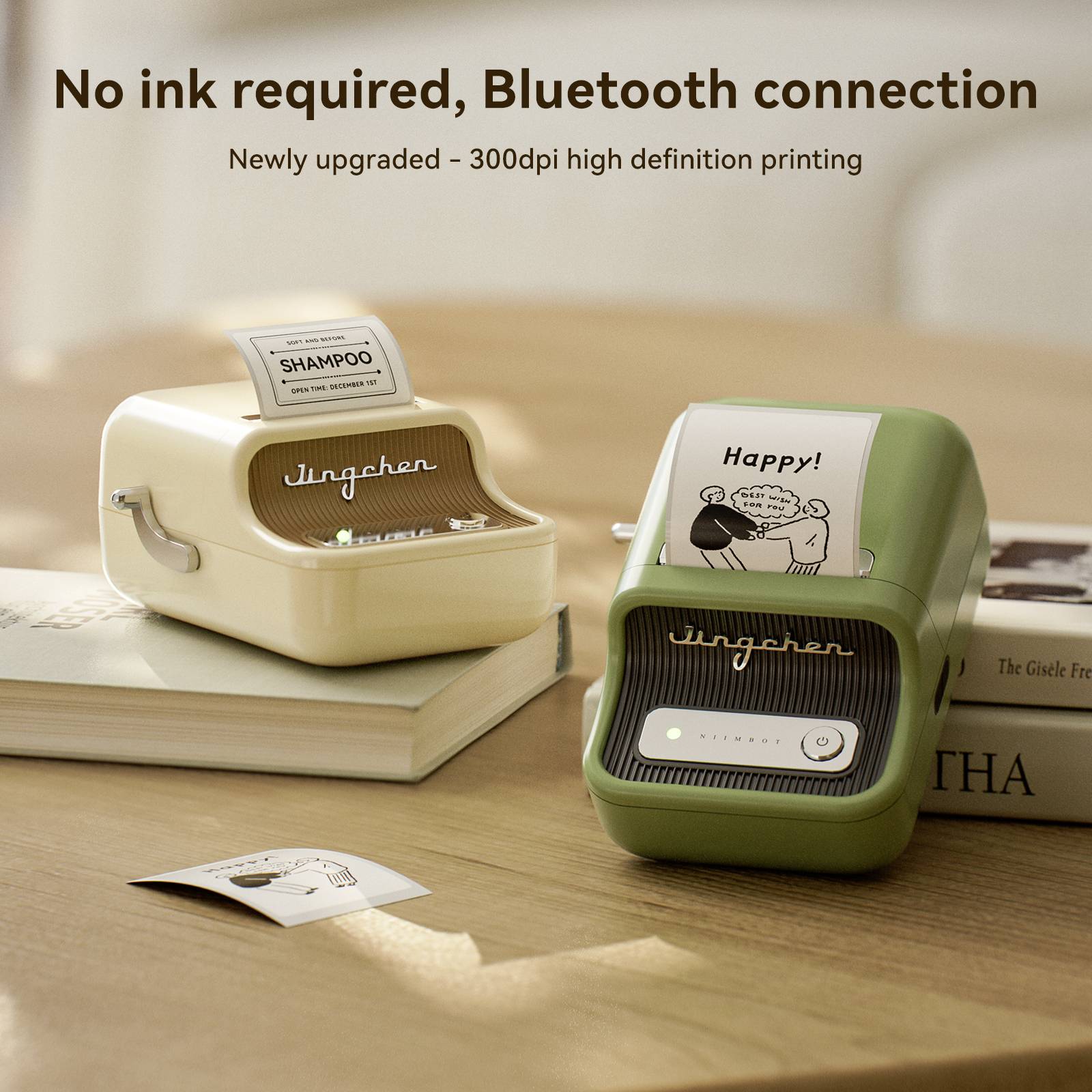 Tragbarer Drucker mit zwei Farboptionen, papierlose Drucktechnologie und Bluetooth-Verbindung. Text: 'No ink required, Bluetooth connection'.