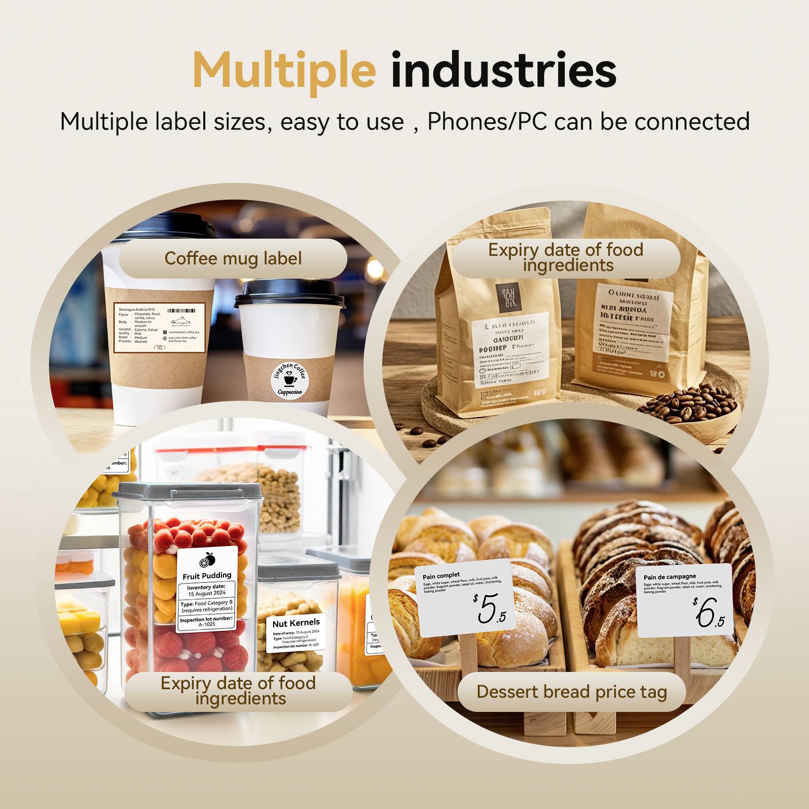 Etiketten für verschiedene Industrien: Kaffeekannen-Aufkleber, Zutatenverfallsdatum, Dessert-Brotpreisetikett. Kompatibel mit Handy/PC.
