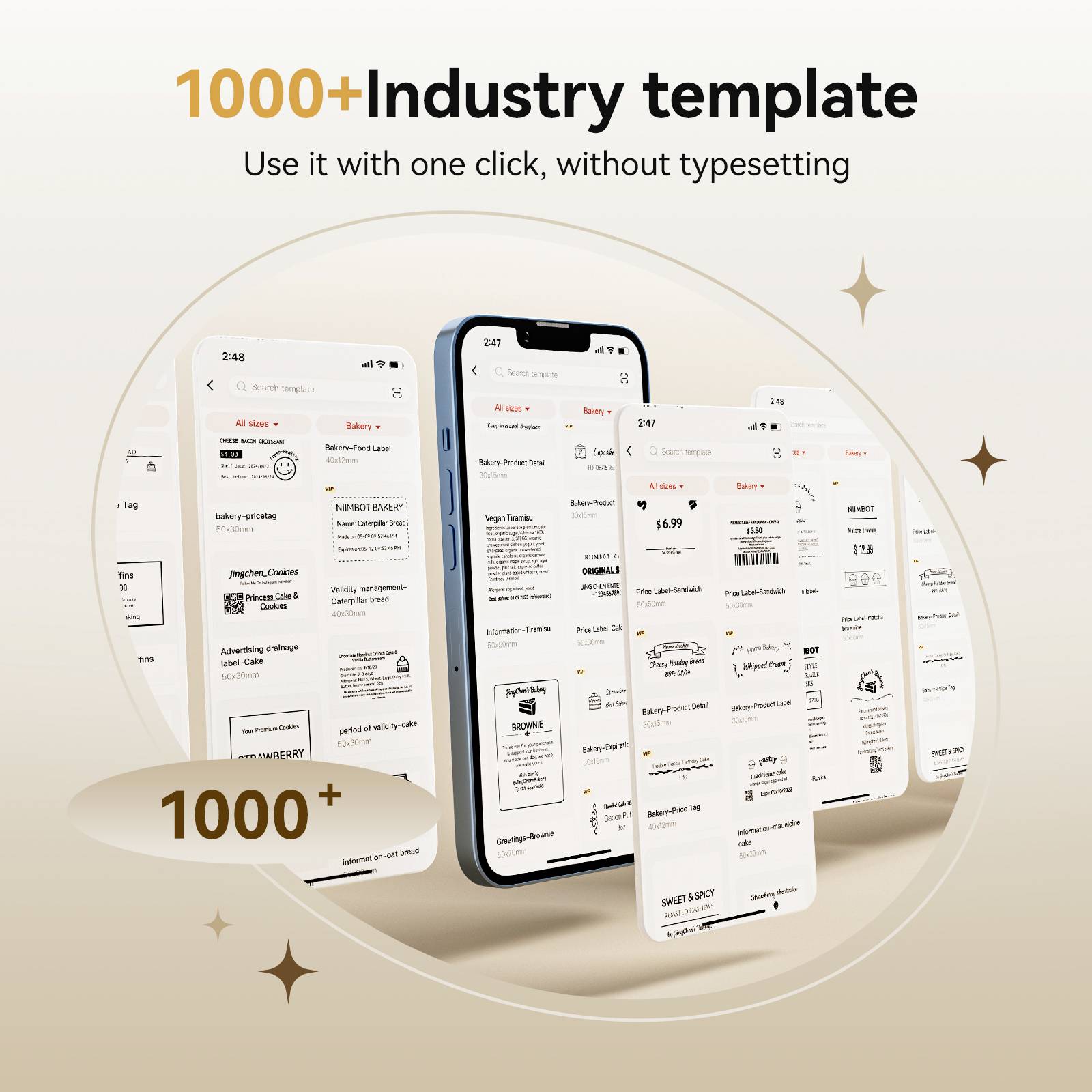 Mehrere Smartphone-Bildschirme zeigen Vorlagen für Industrieanwendungen. Text: '1000+ Industrievorlagen, nutzen Sie es mit einem Klick, ohne zu tippen'.