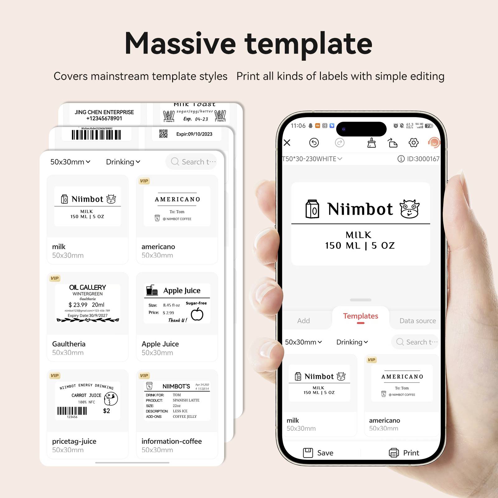 Smartphone, auf dem eine Etiketten-App gezeigt wird. Verschiedene Etikettendesigns sind auf dem Bildschirm sichtbar, darunter 'Niimbot'.