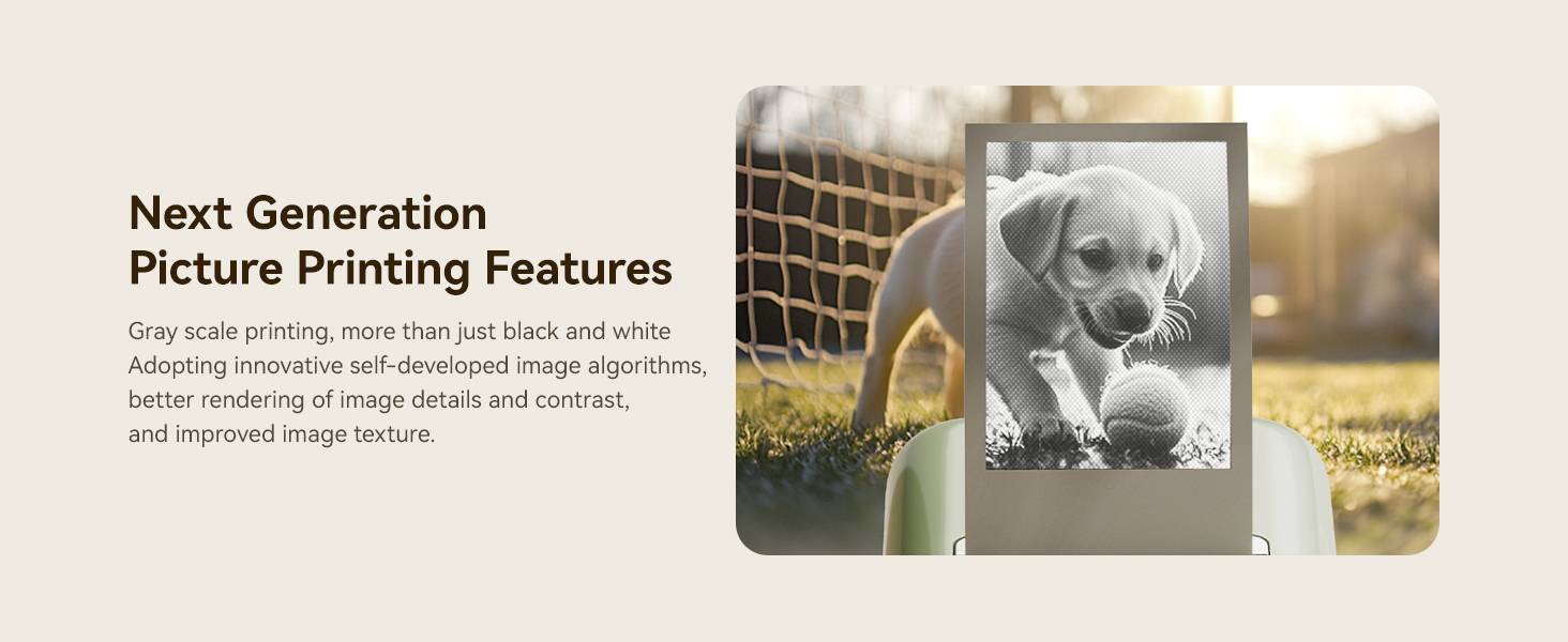 Ein Welpe spielt mit einem Ball im Gras. Daneben Text: 'Next Generation Picture Printing Features', über innovative Bilddrucktechnologie.