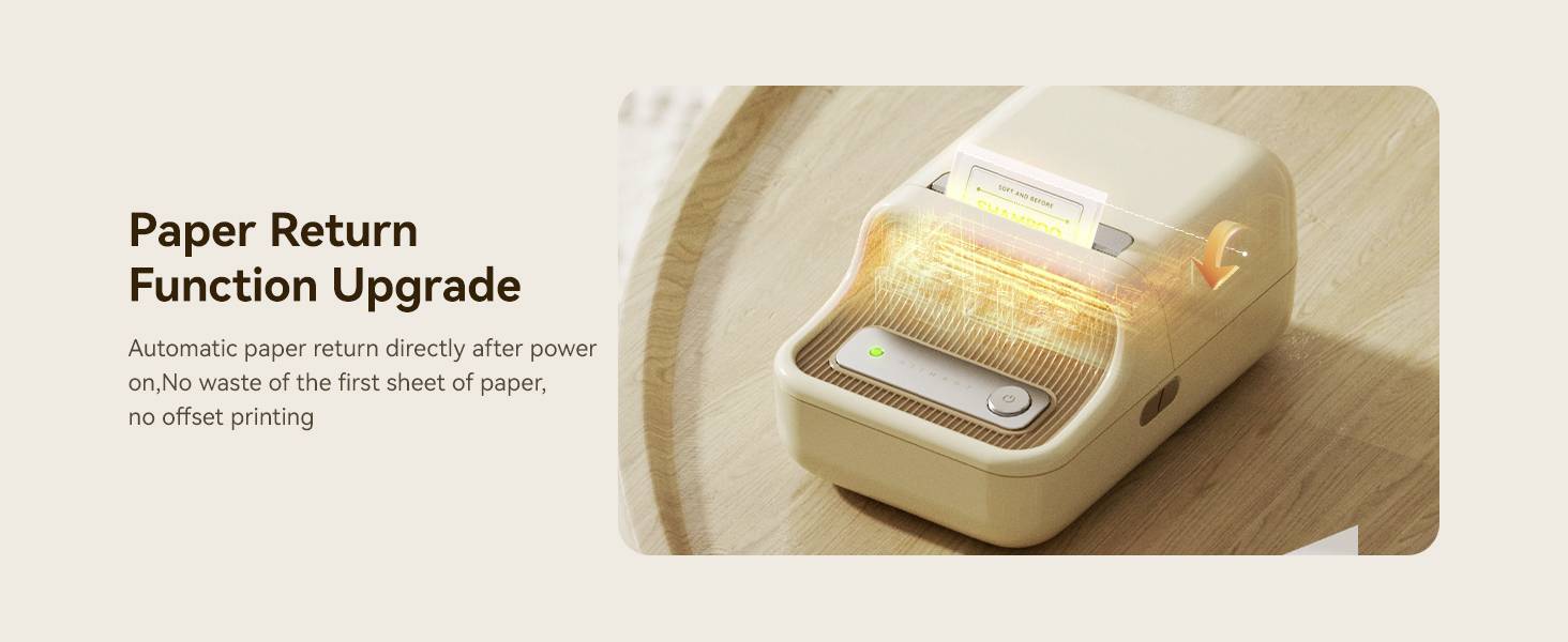 Ein beiger Drucker mit der Funktion 'Paper Return Function Upgrade', verhindert Papierabfall bei Inbetriebnahme, auf Holztisch.